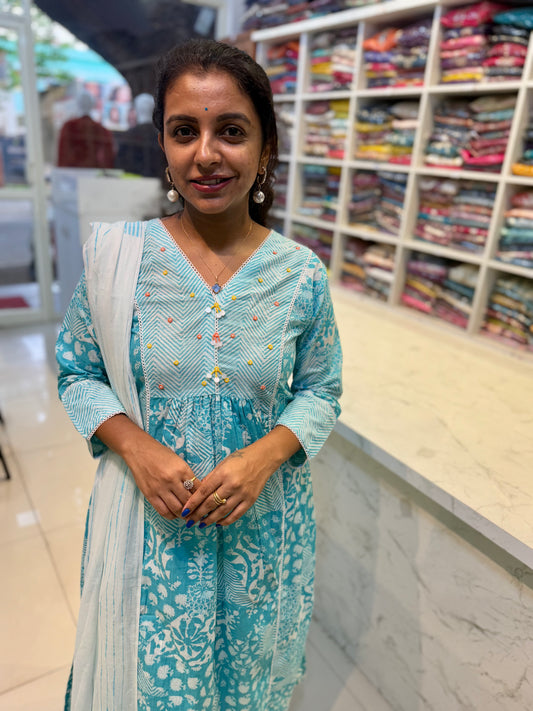 A-line Sky blue Cotton Salwar Set