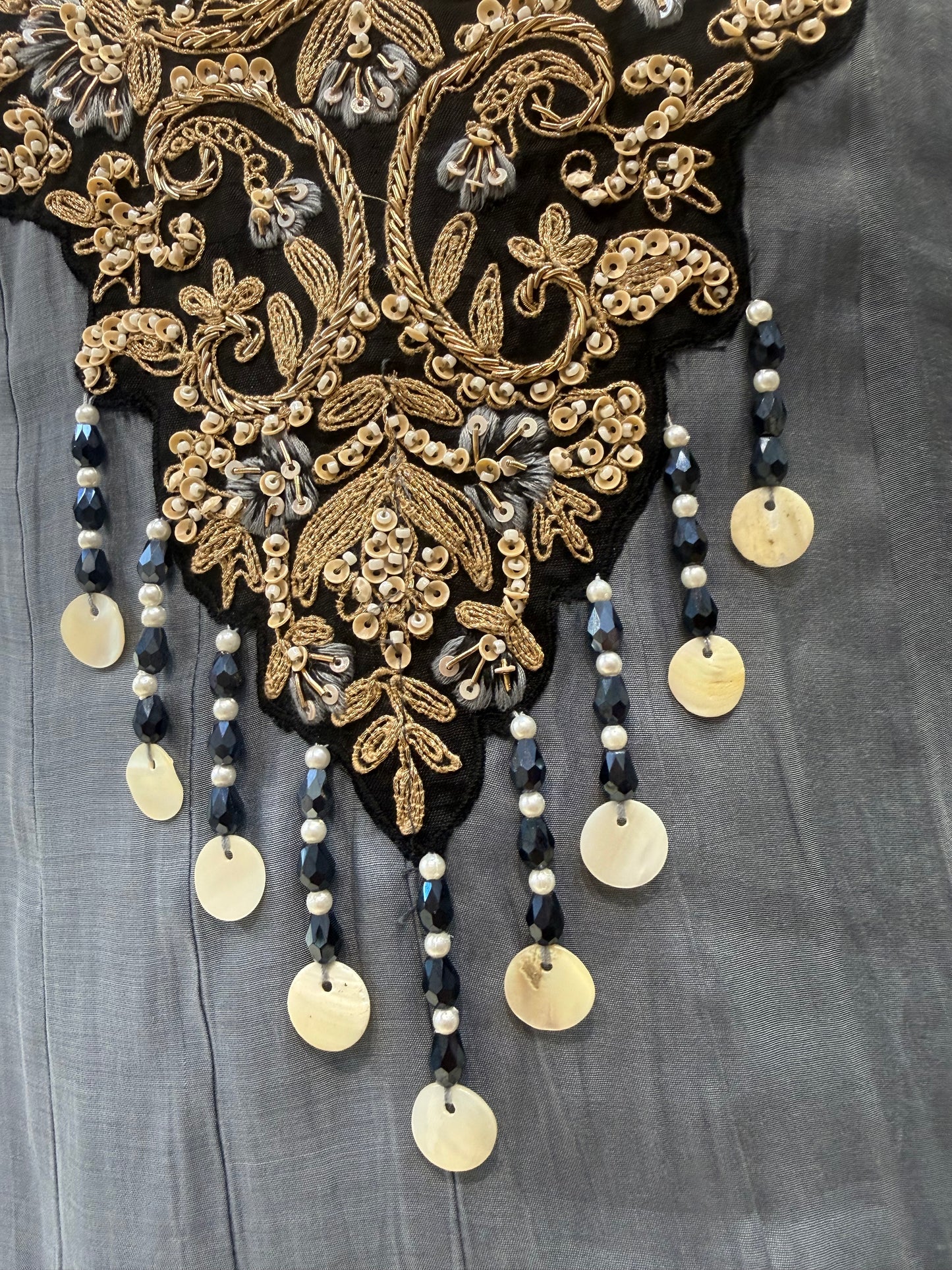 Grey Mul Chanderi Handwork A-line Kurti With Pant and Dupatta-HSC83