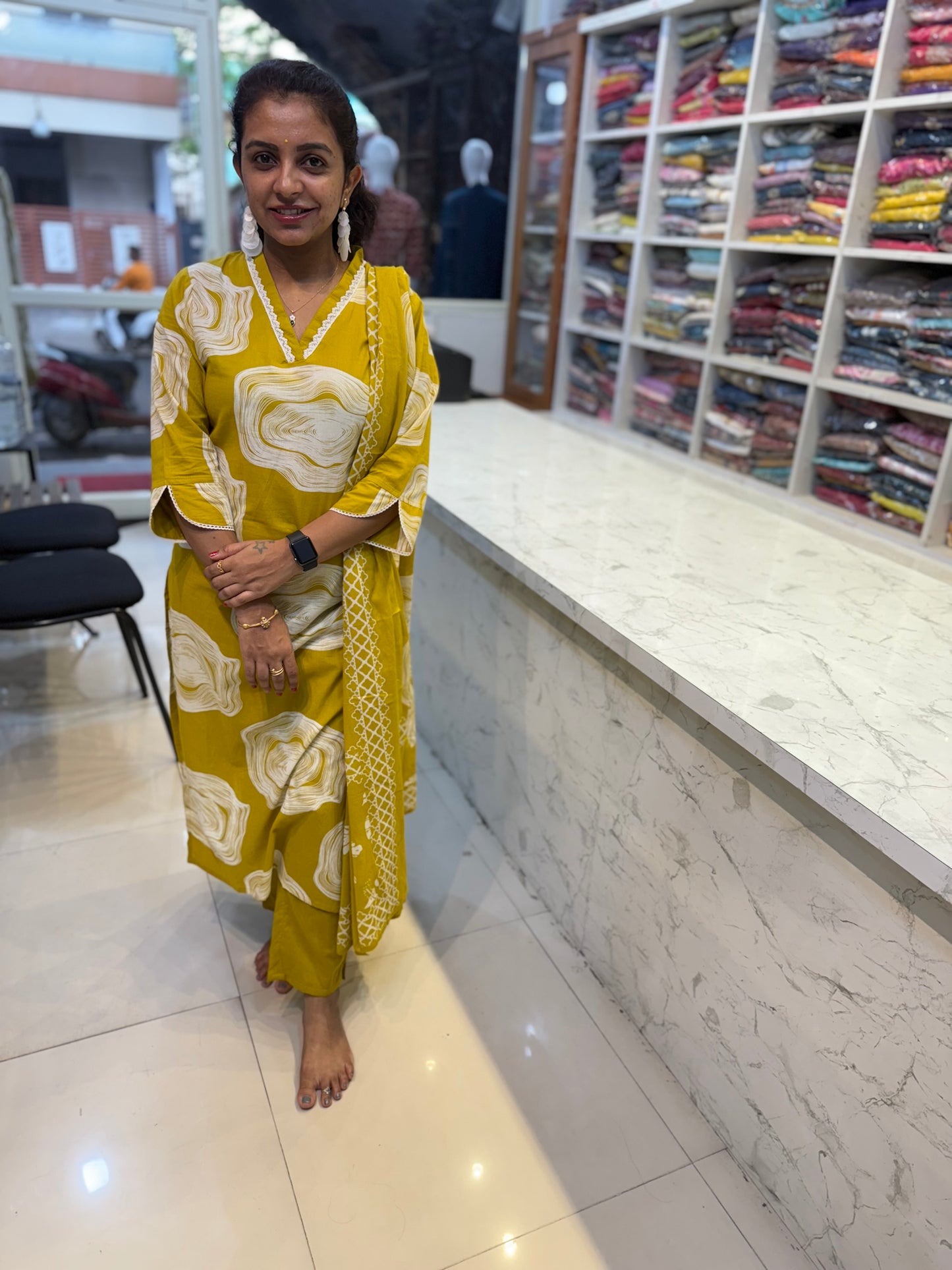 Green Patterned Sleeves Cotton Kurti With Pant and Dupatta