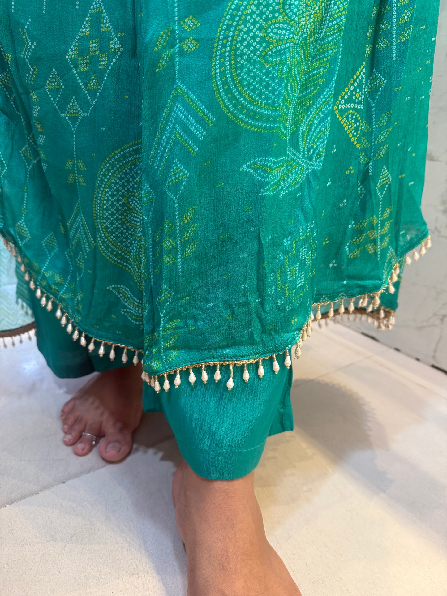 Pure Chinnon Green A-line printed Kurti With Pant and Dupatta-HSC44