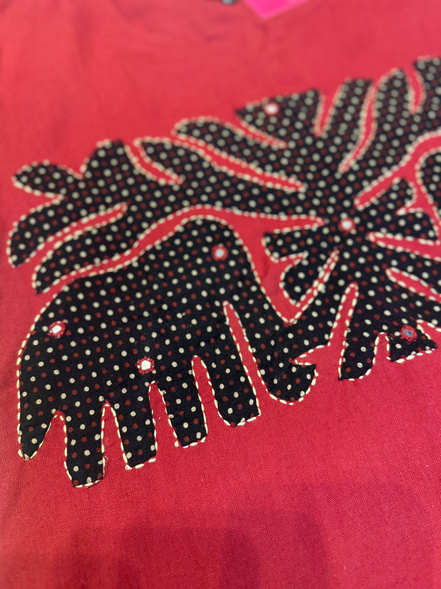 Elephant Red Applique Cotton Kurti