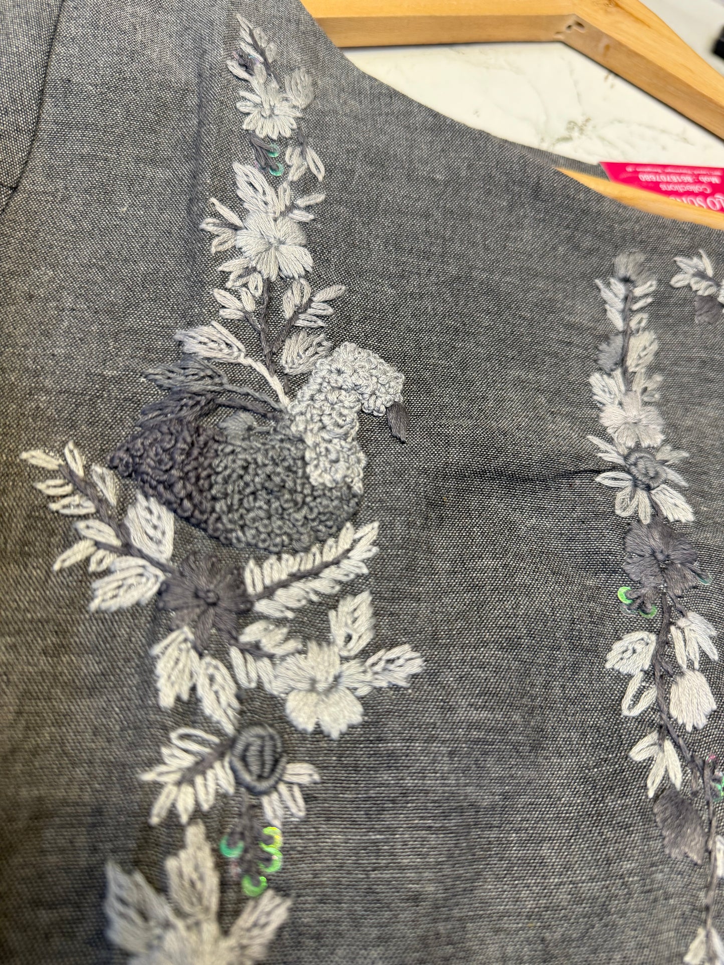 Grey Bird Embroidery Cotton Straight Cut Kurti