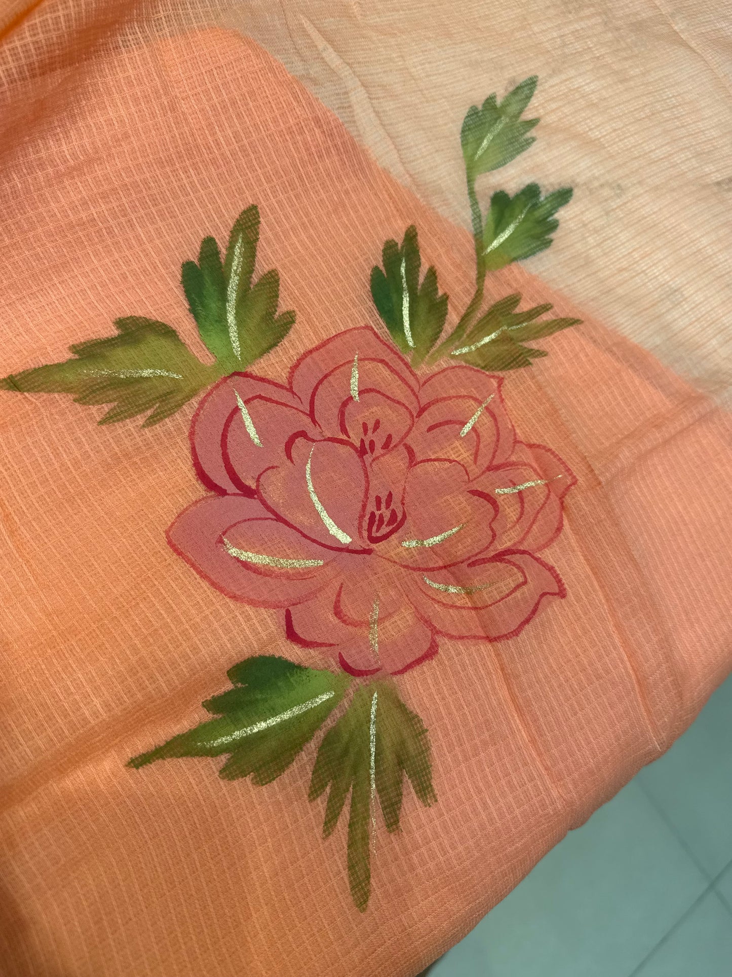 Peach Hand Panited Peach Kurti With Pant and Dupatta-HSC109