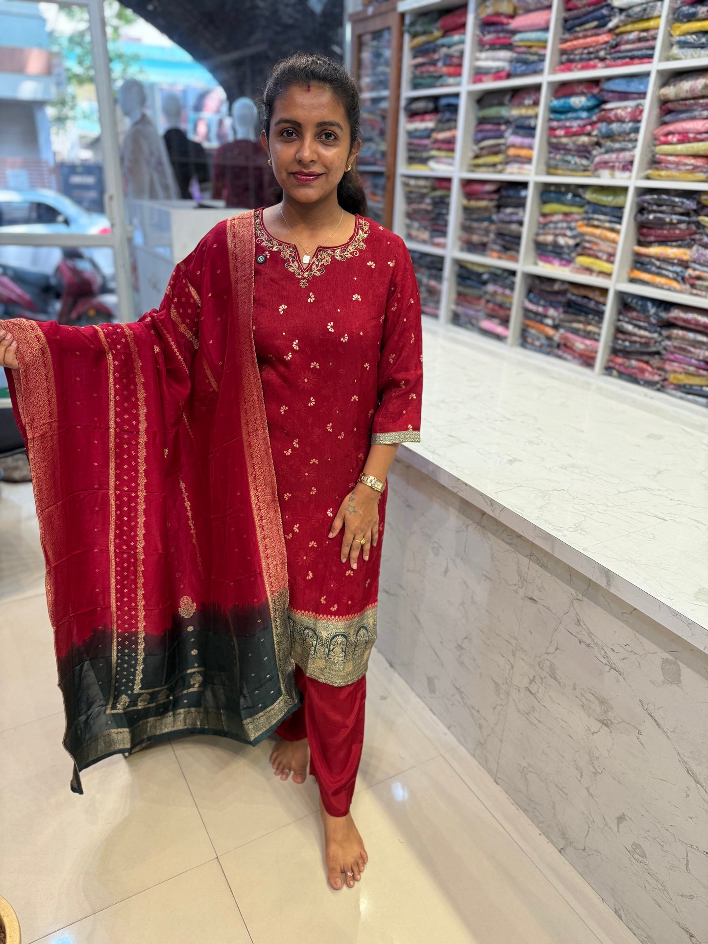 Rich Marron Kurti With Pant and Dupatta-HSC33