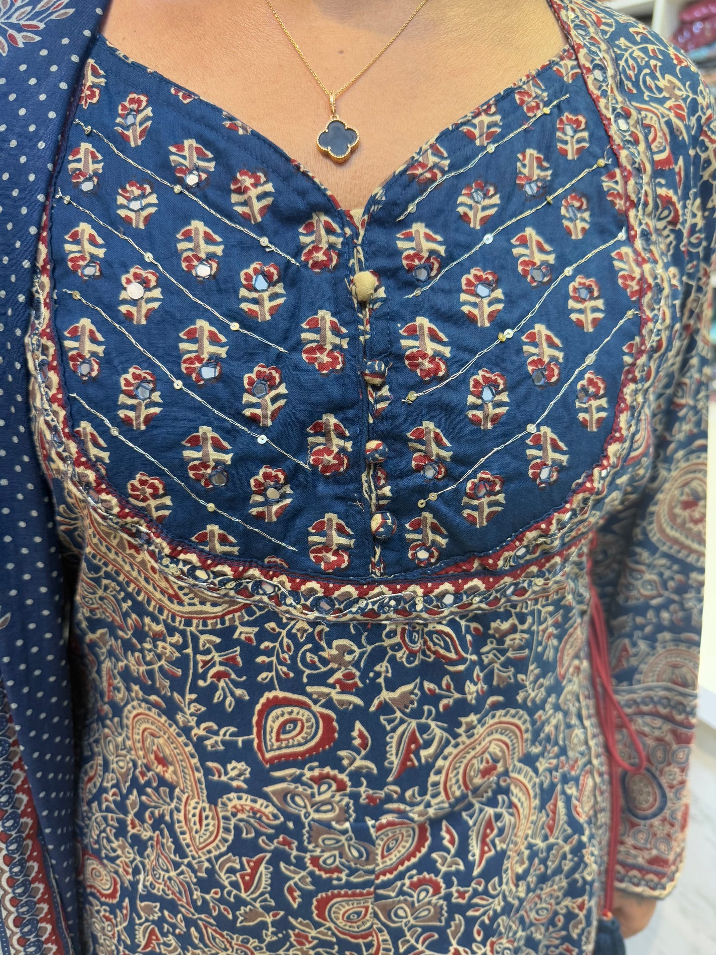 Blue and Marron Anarkali Cotton Salwar Set