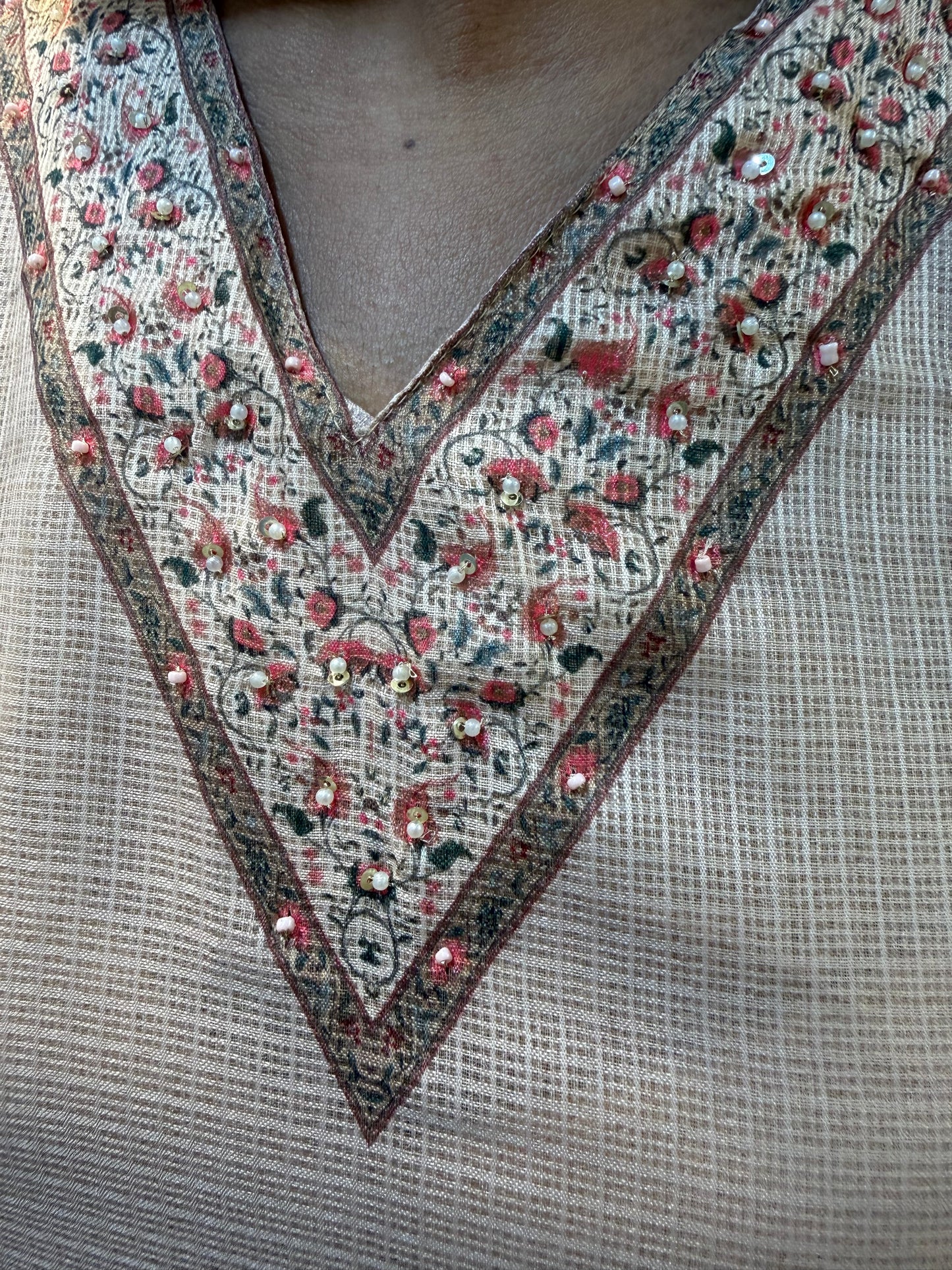 Premium Beige Kota Doria Printed Kurti with Pant and Dupatta-HSC99