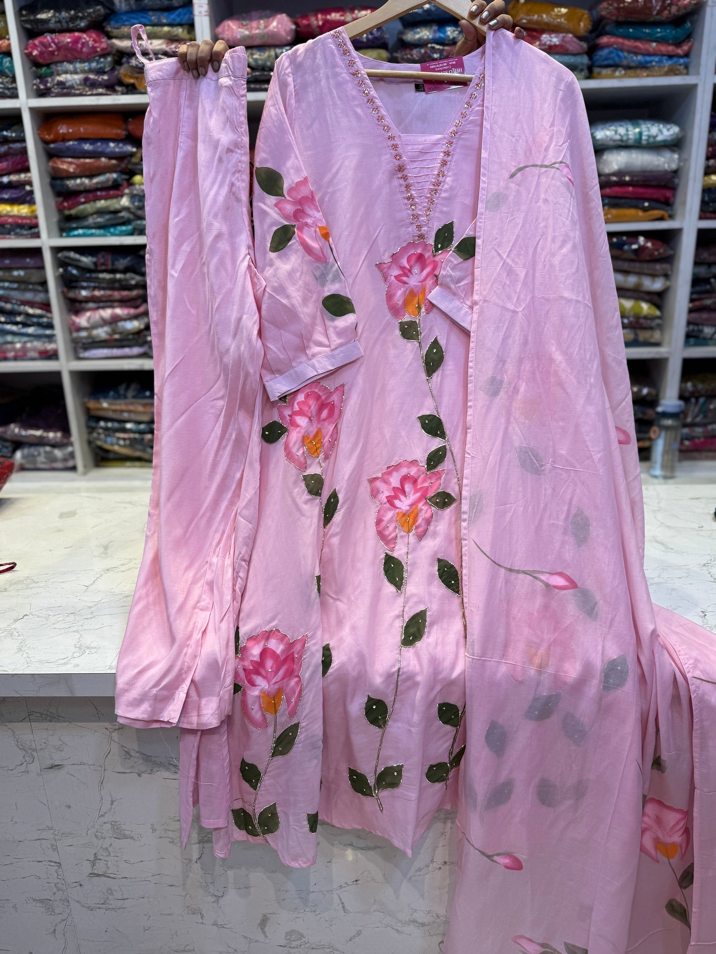 Hand Painted Mul Chanderi Kurti With Pant and Dupatta