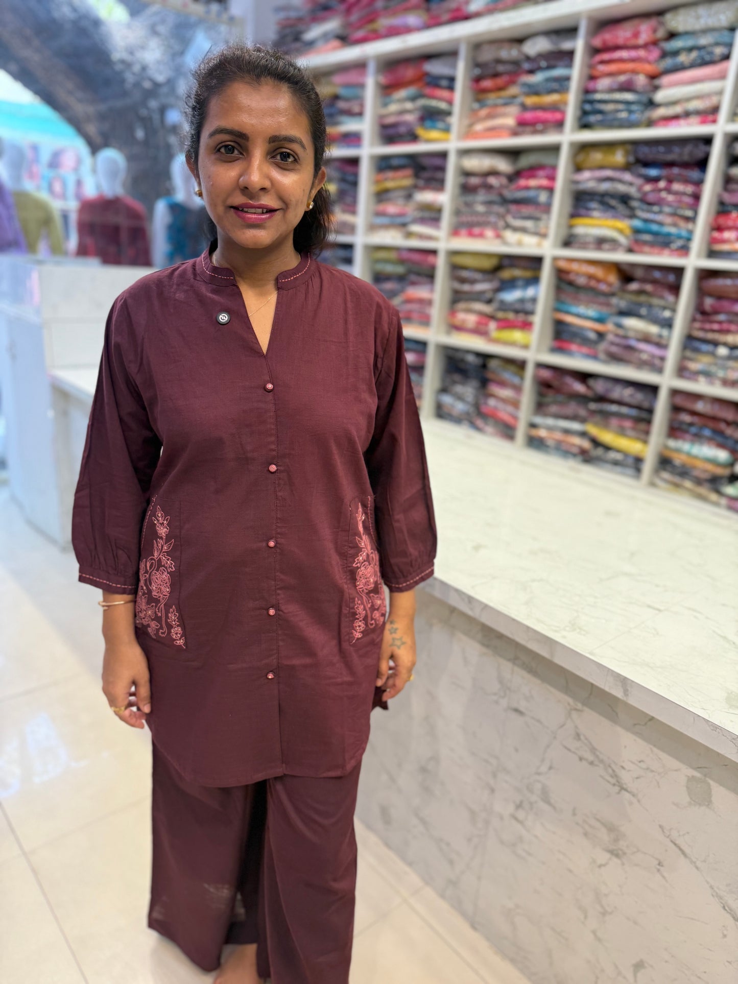 Deep Wine Cotton Two Sides Pockets Co-ords Set-HSC15