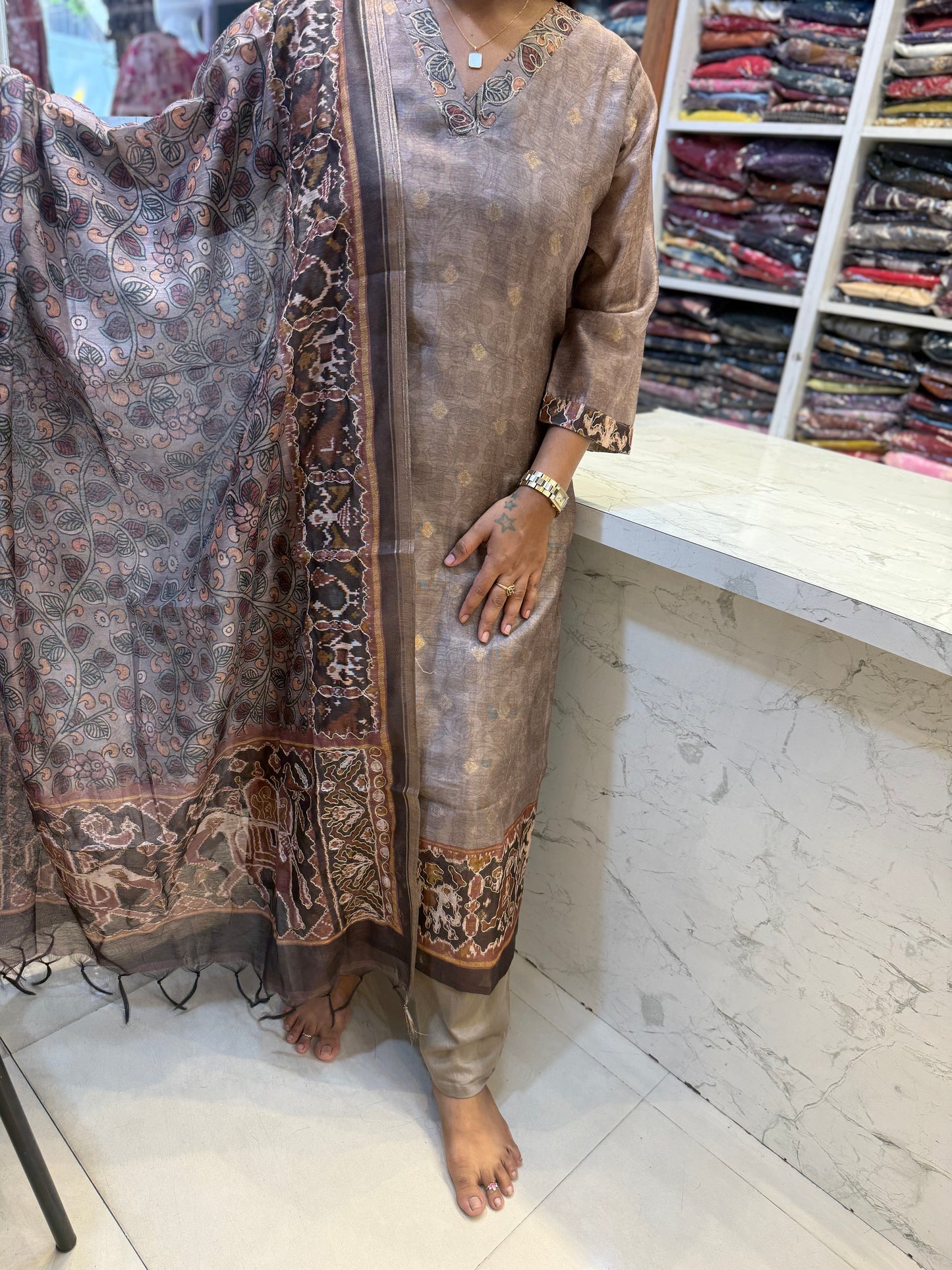 Grey Pure Tissue Linen Kurti With pant and Dupatta-HSC43