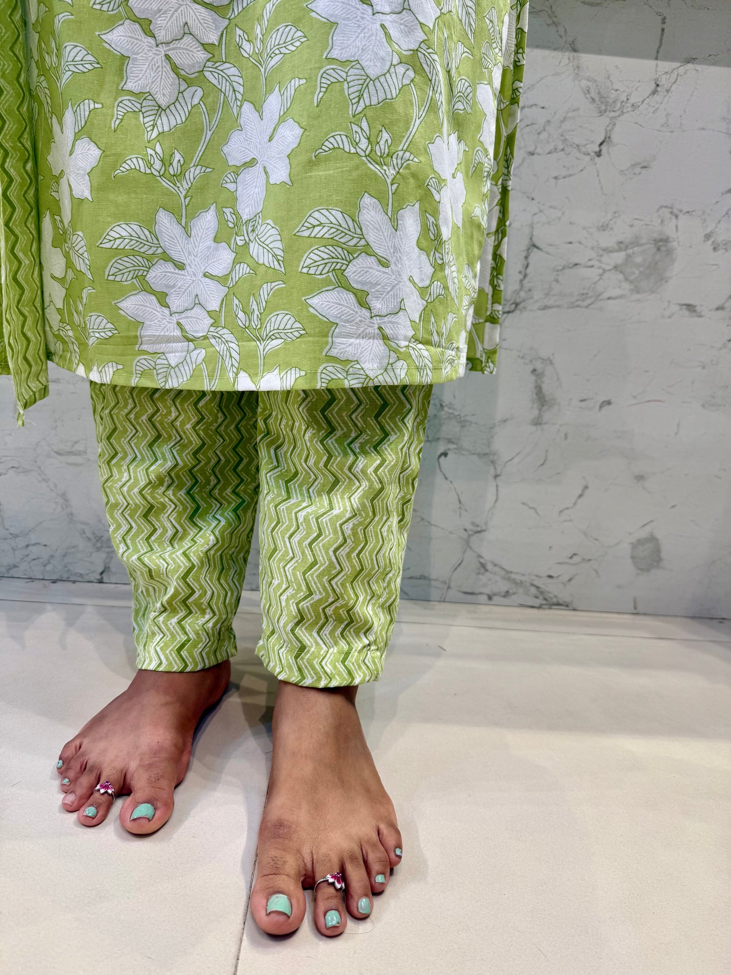 Green Cotton Kurti With Pant and Dupatta