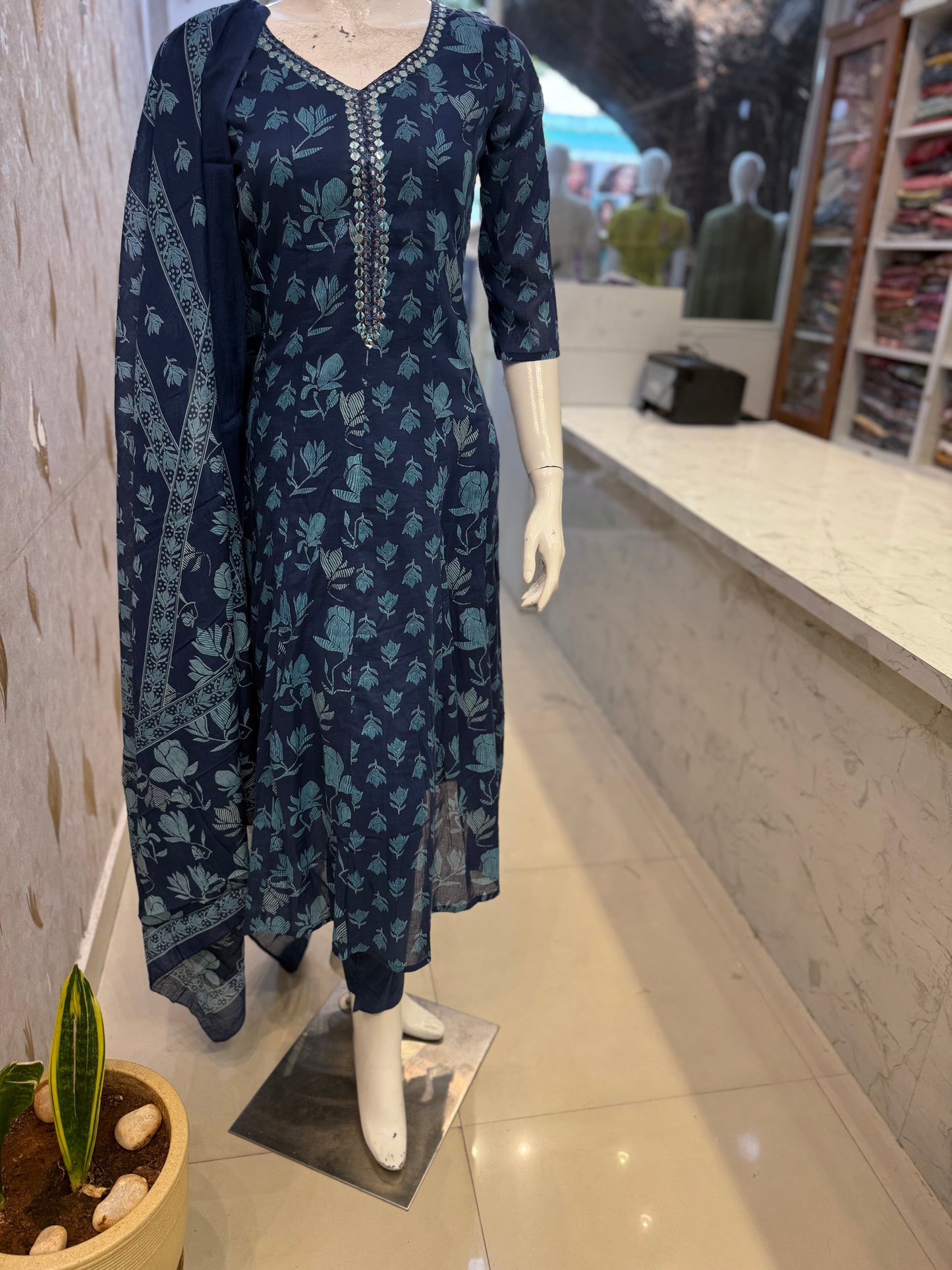 Indigo Pure Mul Cotton A-line Kurti With Pant and Dupatta-HSC79