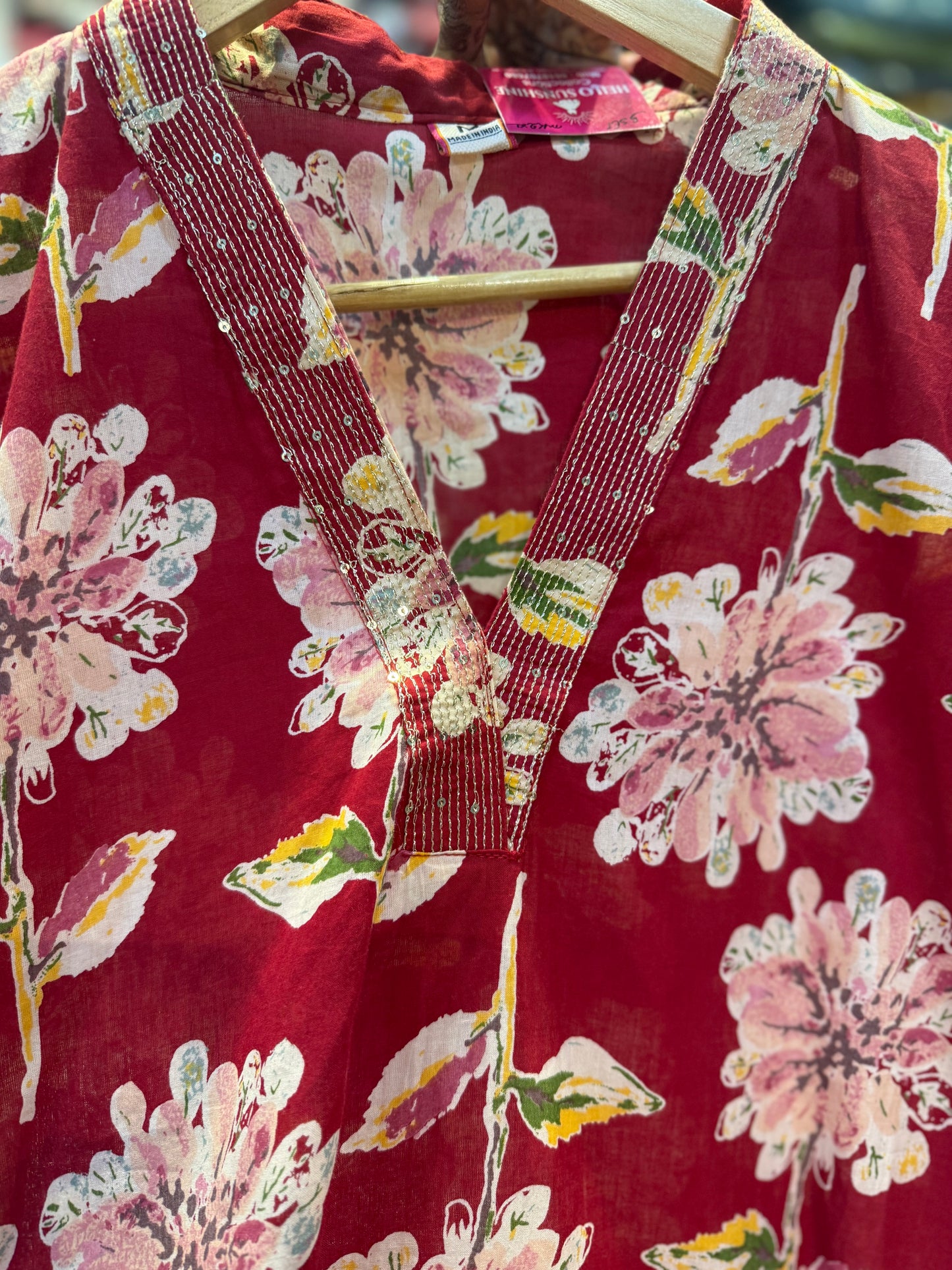 Red V- neck Floral Kurti