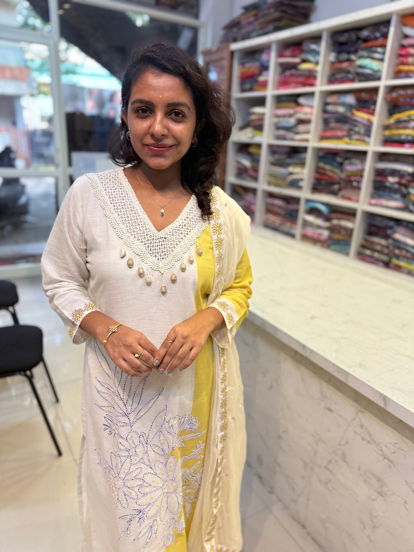 Shells Emboridery work Kurti With pant and Dupatta