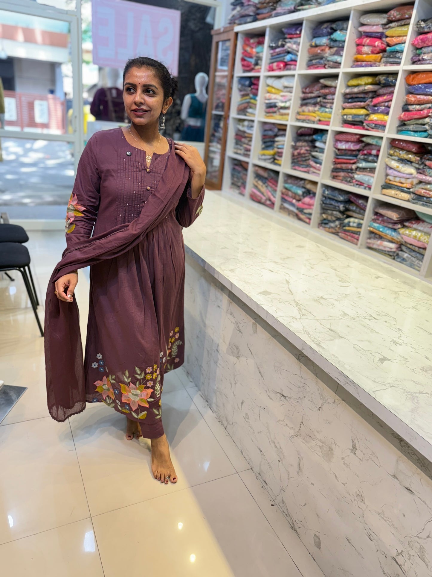 Mul Cotton Embroidery A-line Kurti With Pant And Dupatta