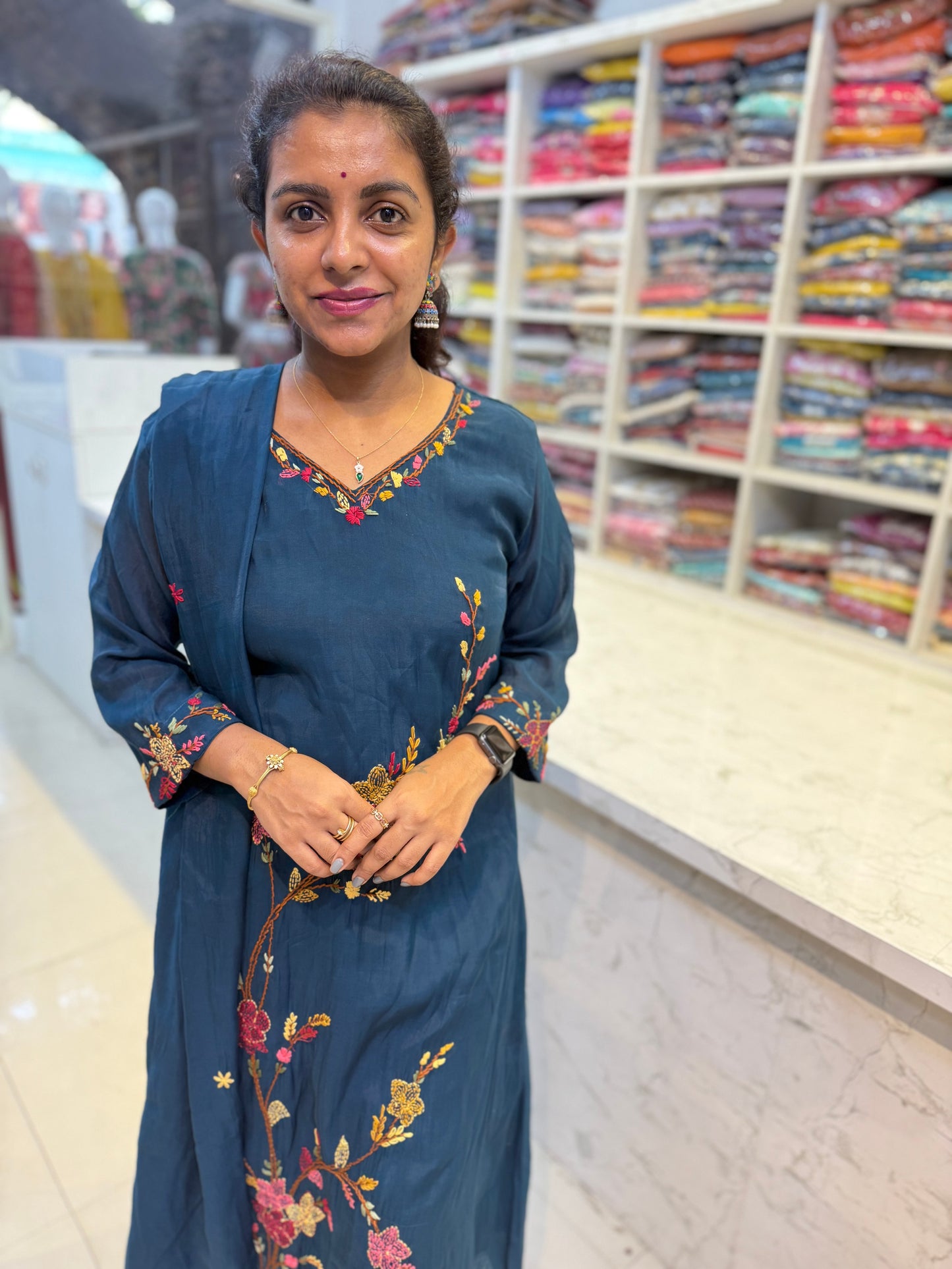 Mul Chanderi Blue Kurti With Pant and Dupatta