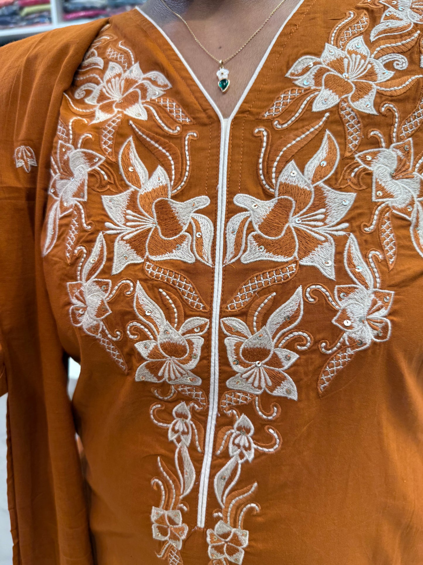 Rust Orange Pure Cotton Embroidery Kurti With Pant and Dupatta-HSC101