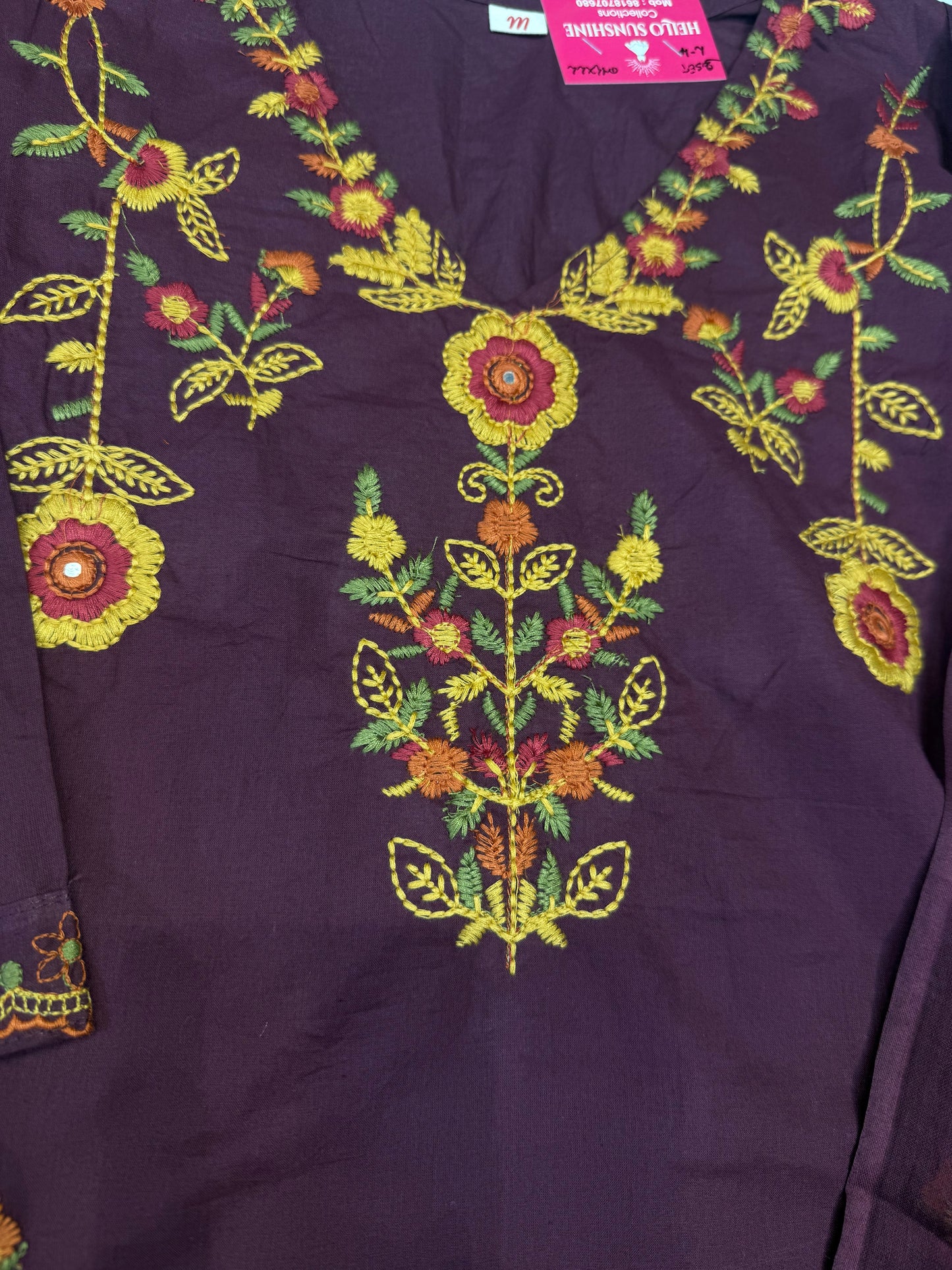 Wine Hand Embroidery Pure Cotton Kurti With Pant and Dupatta-HSC95