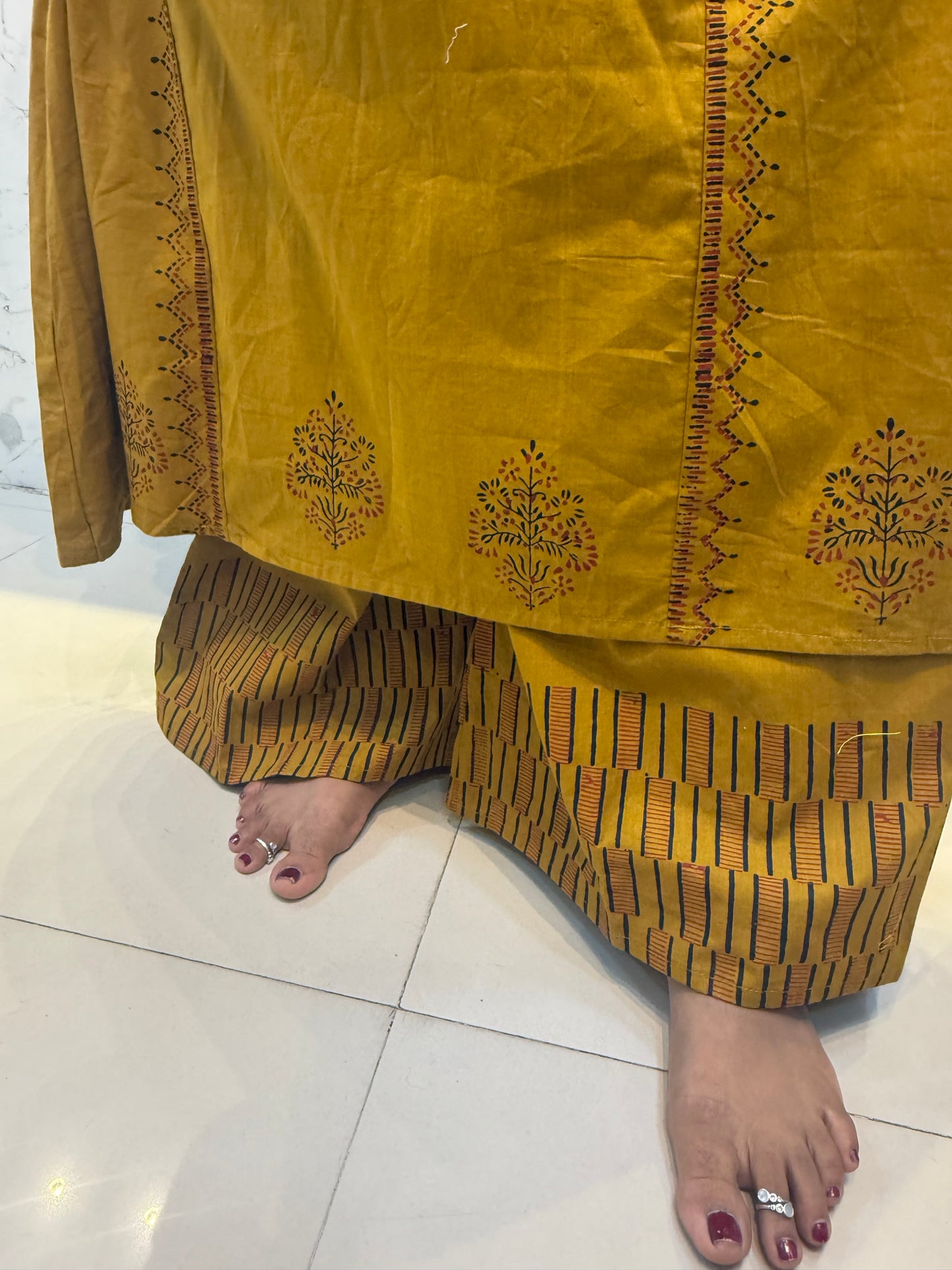 Mustard A-line Pure Cotton Block Print Salwar Suit