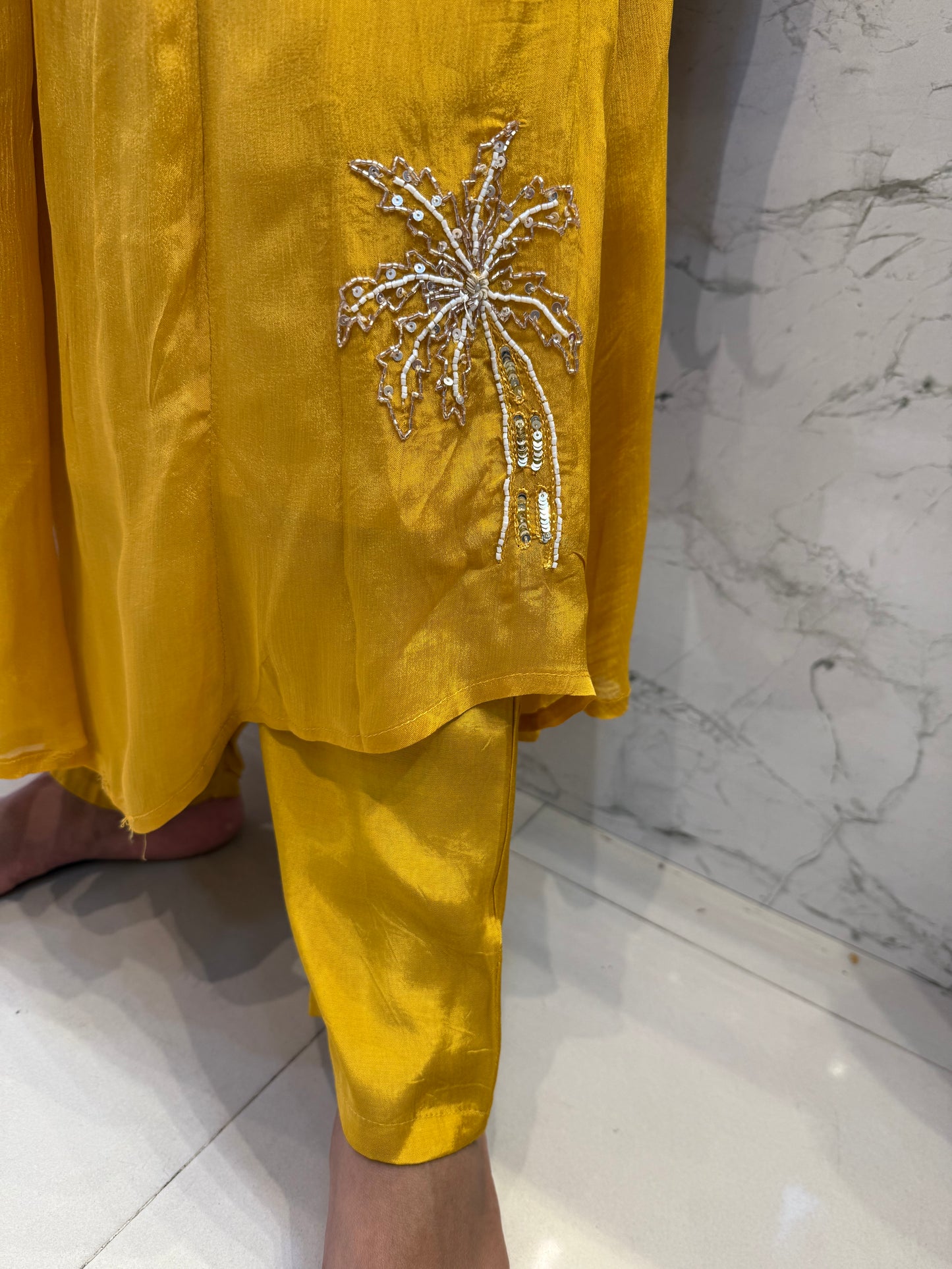 Mustard Yellow Pure Chinnon Kurti With Pant and Dupatta-HSC11