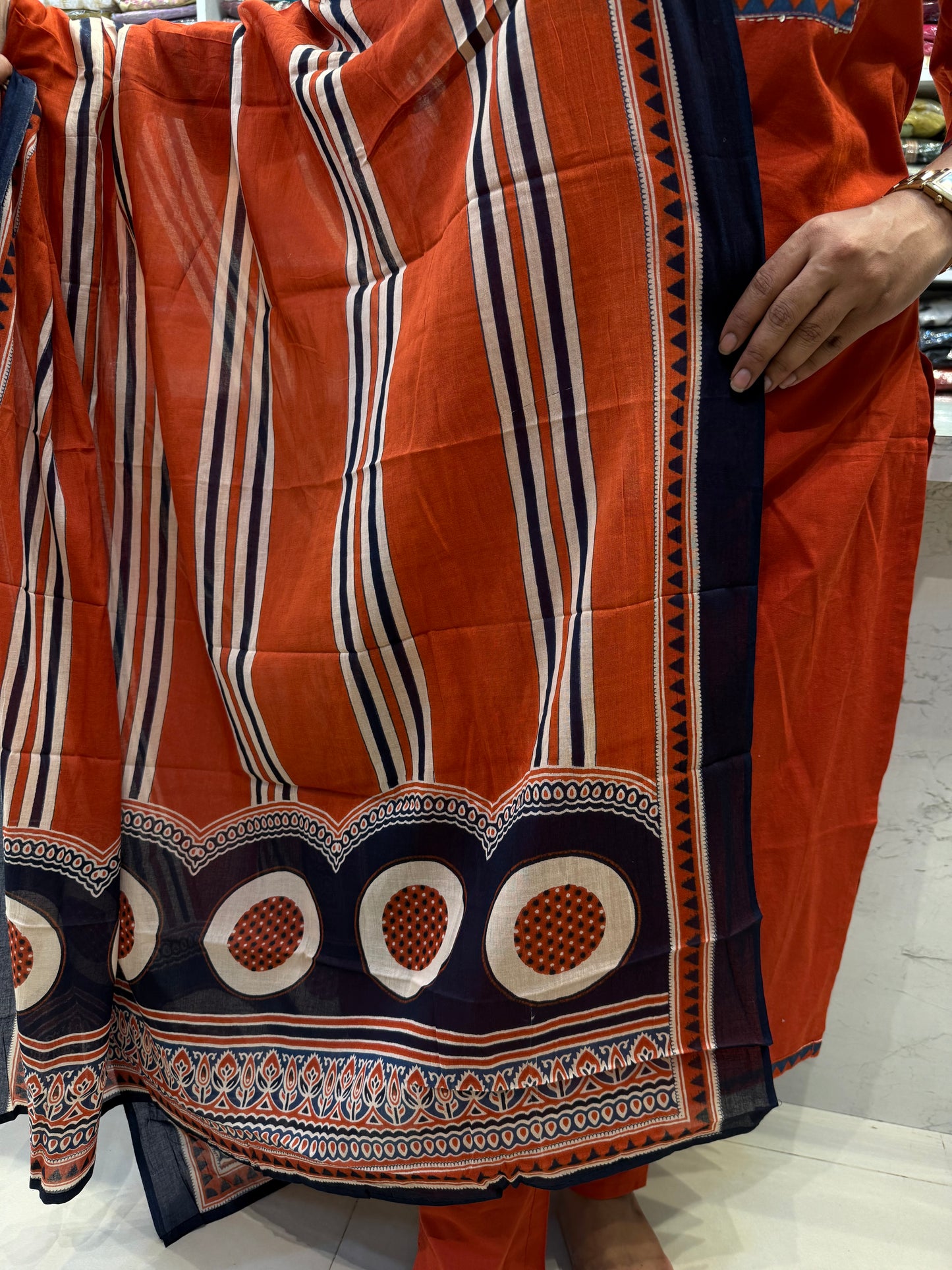 Orange Printed Patch Work Kurti With Pant and Dupatta-HSC107