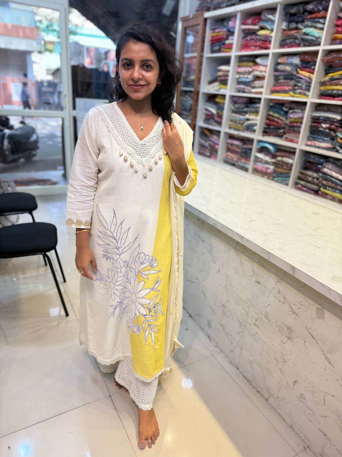 Shells Emboridery work Kurti With pant and Dupatta