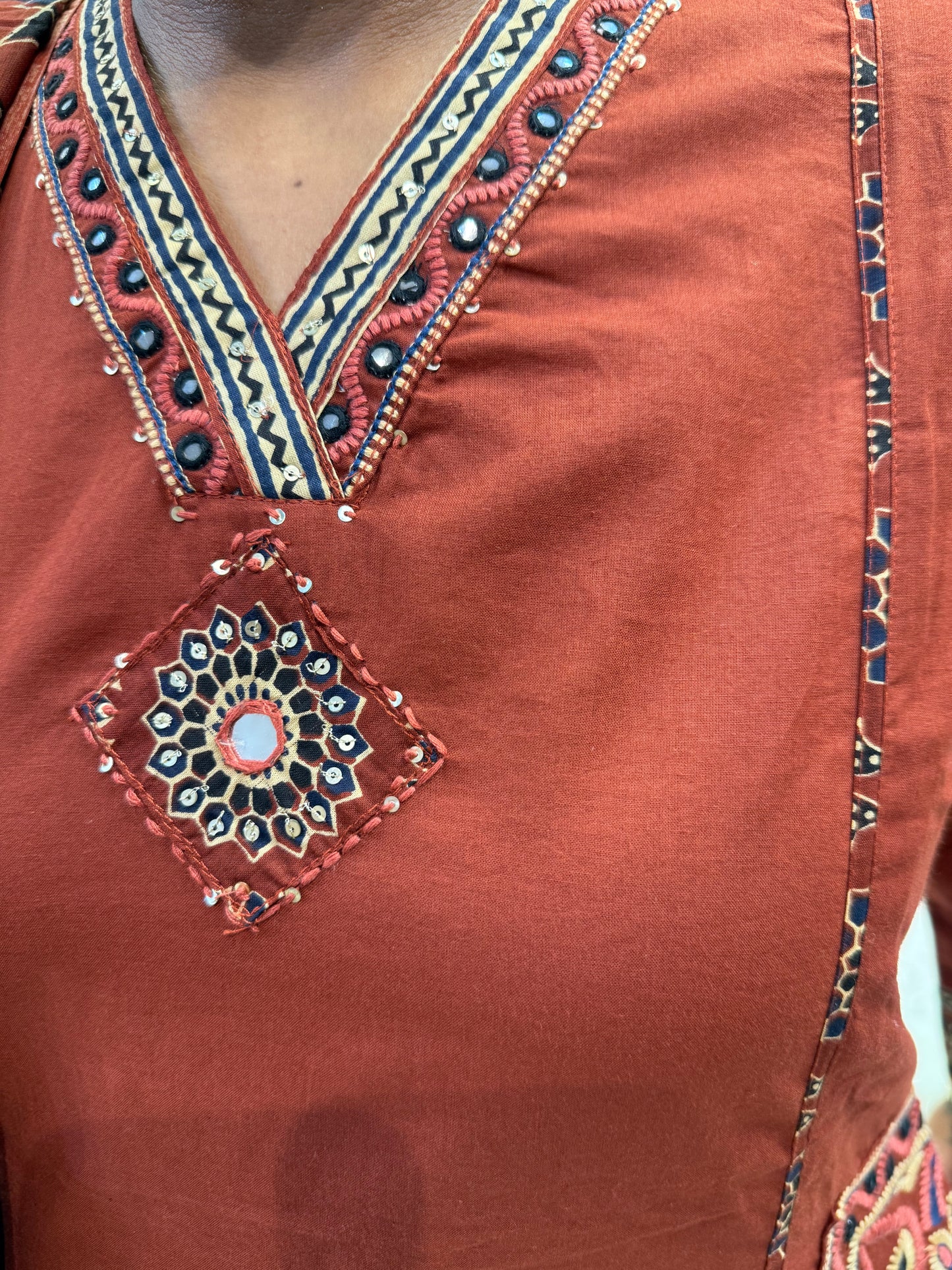 Two sides Pockets Brown Cotton Embroidered Kurti With Pant and Dupatta