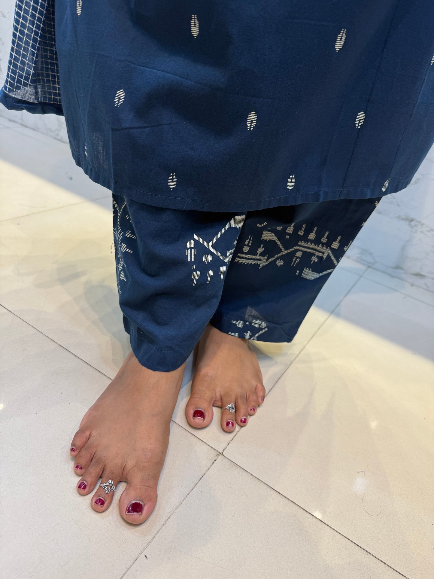 Indigo Cotton Kurti with Pant And Dupatta