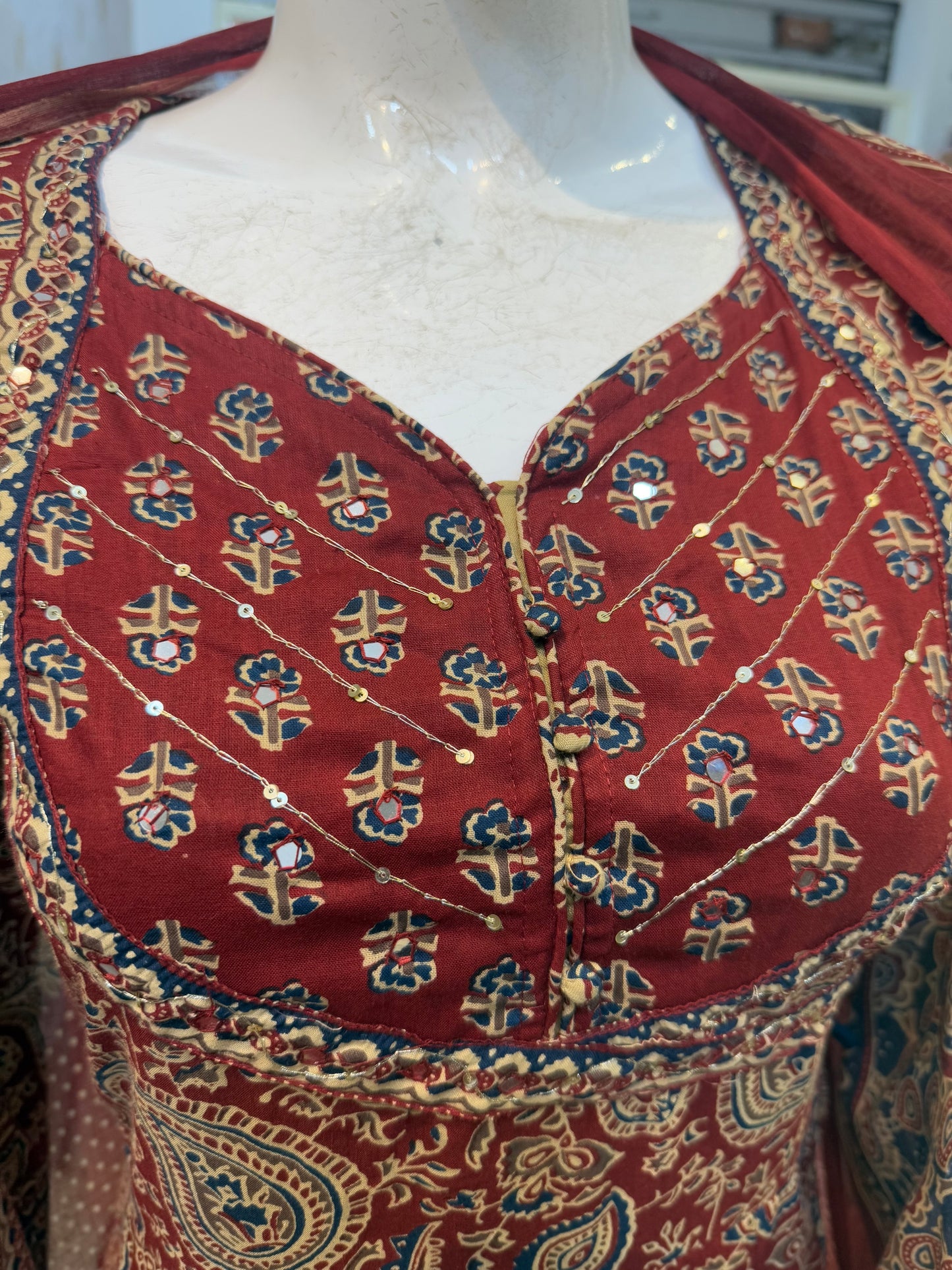 Blue and Marron Anarkali Cotton Salwar Set