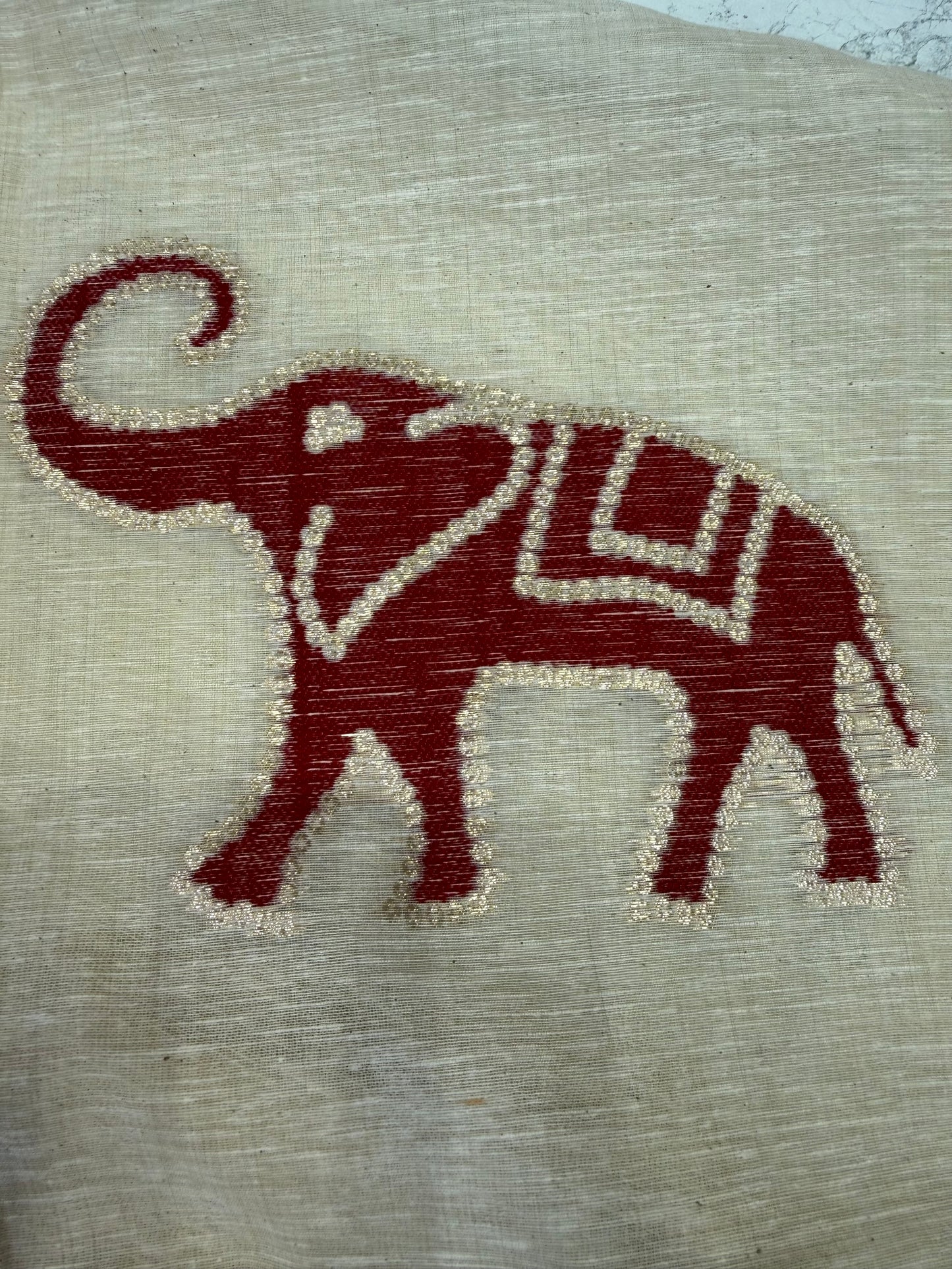 Elephant Half White Pure Jamdani Weaving Kurti With Pant and Dupatta-HSC113