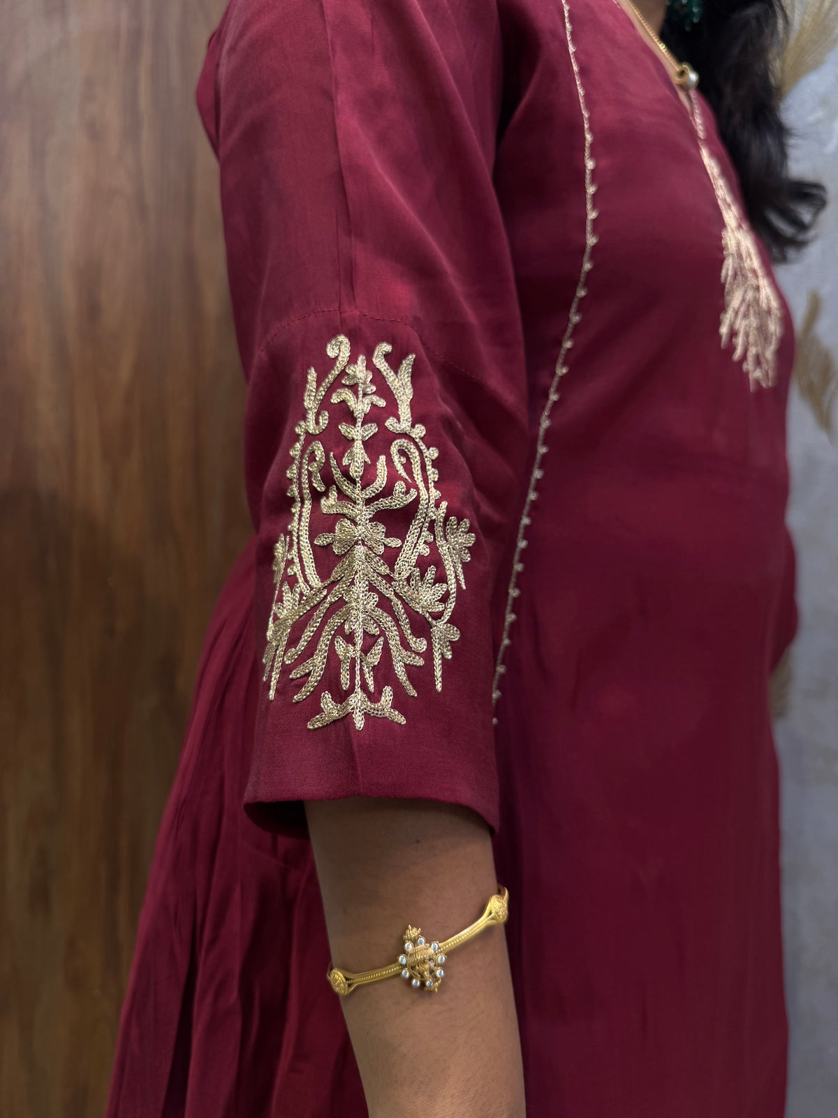 Marron Pure Silk Embroidery Kurti With Pant and Dupatta -HSC1329