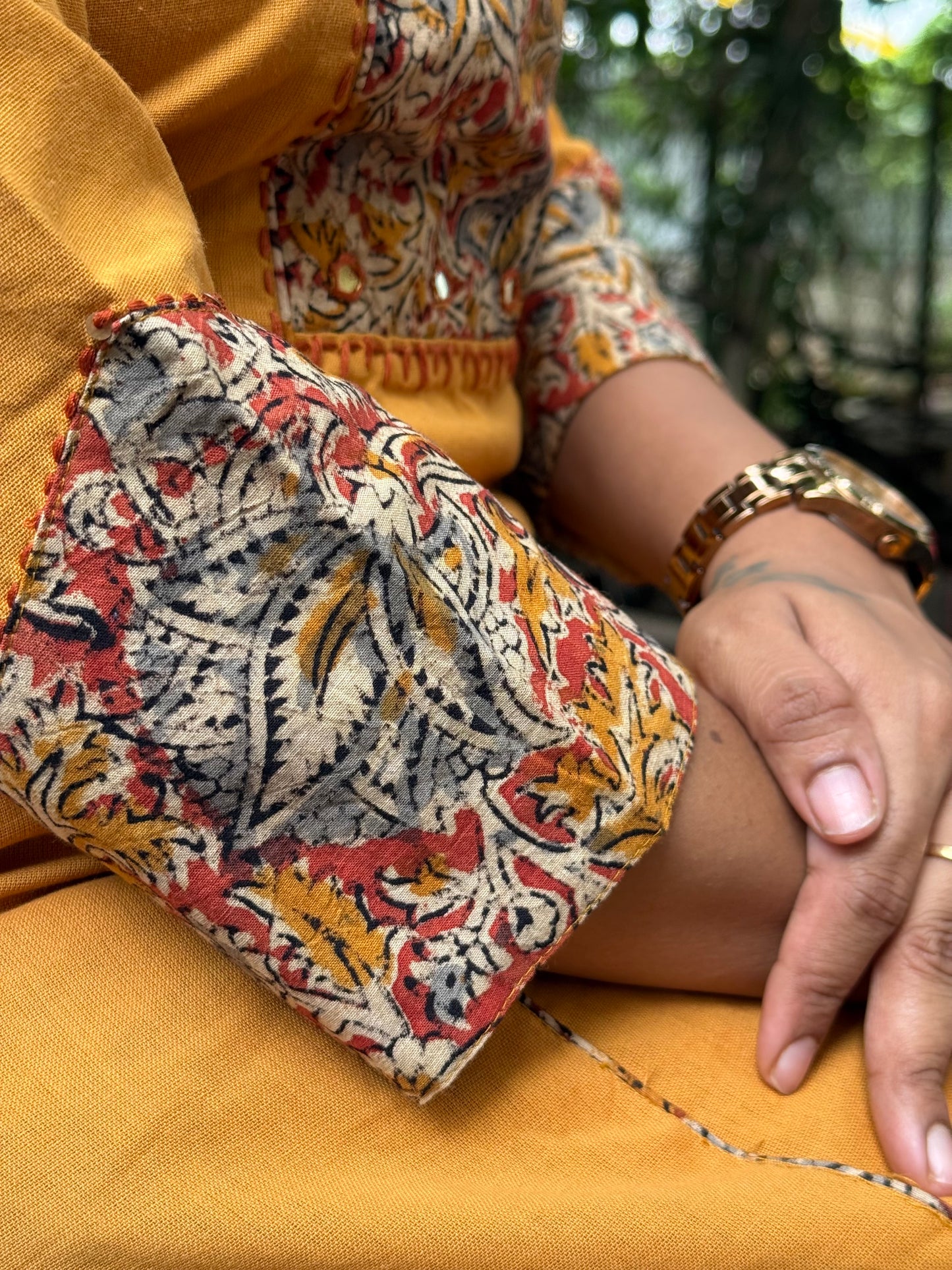 Mustard Kalamkari Pure Cotton Kurti With Pant and Dupatta - HSC1156