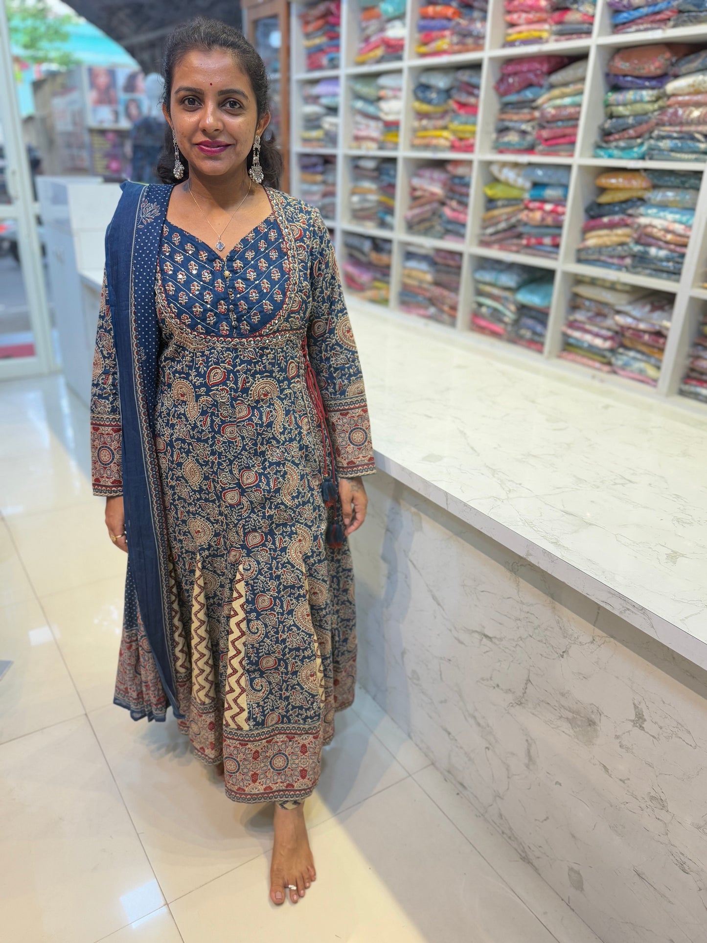 Blue and Marron Anarkali Cotton Salwar Set