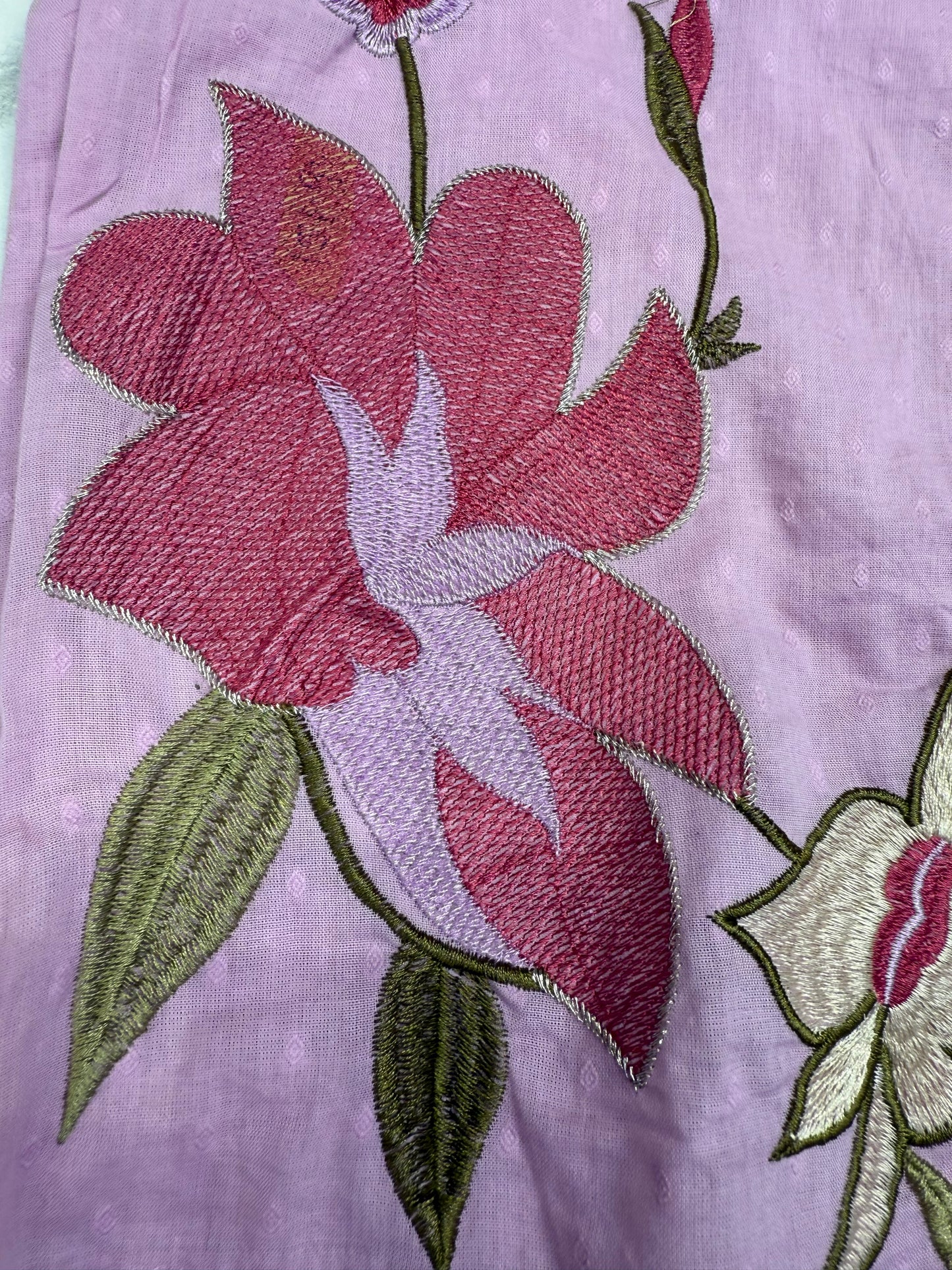 Lavender Cotton Silly Embroidery Kurti With Pant and Dupatta