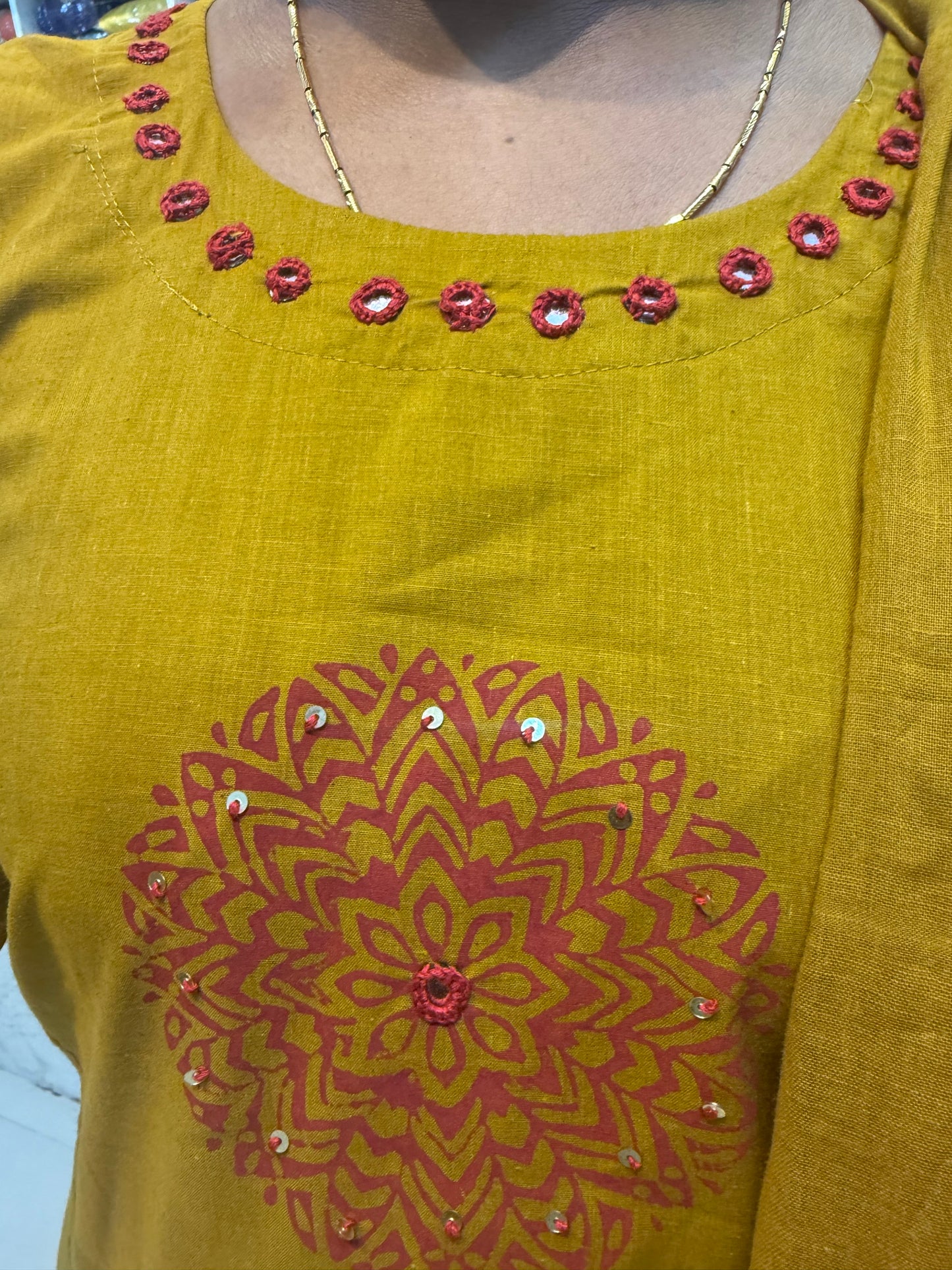 Mustard A-line Pure Cotton Block Print Salwar Suit