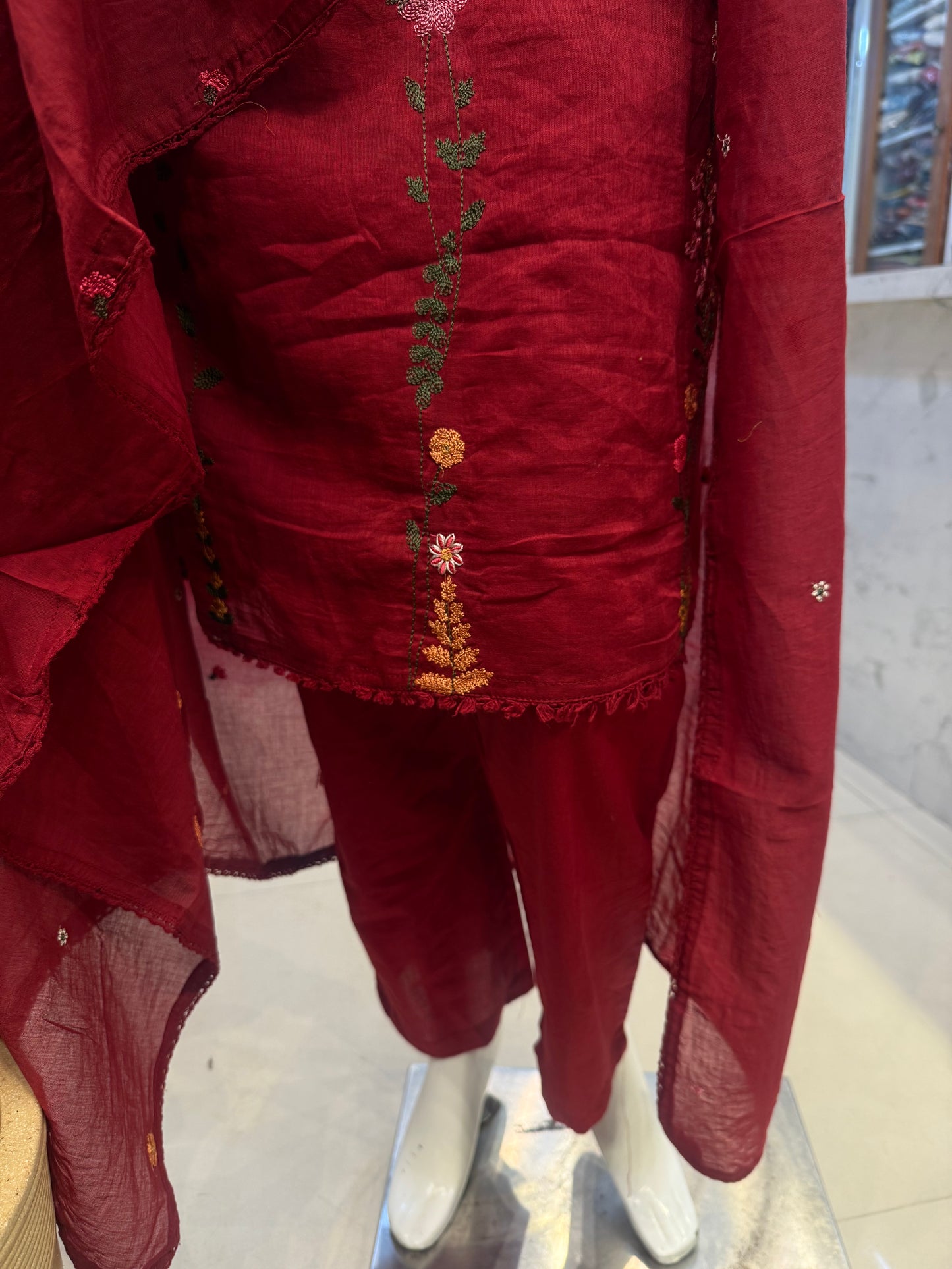 Marron Pure Mul Cotton Embroidered Kurti With Pant and Dupatta-HSC87