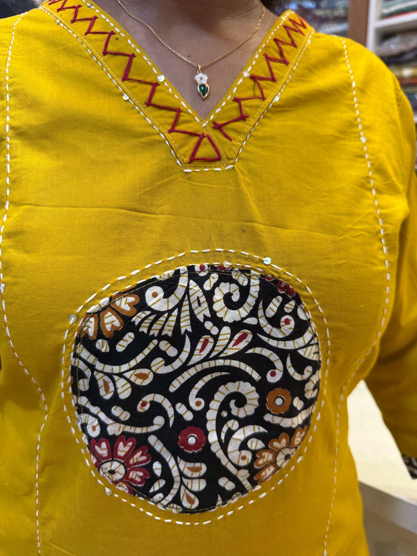Mustard Dhabu Cotton Patch Work Kurti With Pant-HSC97