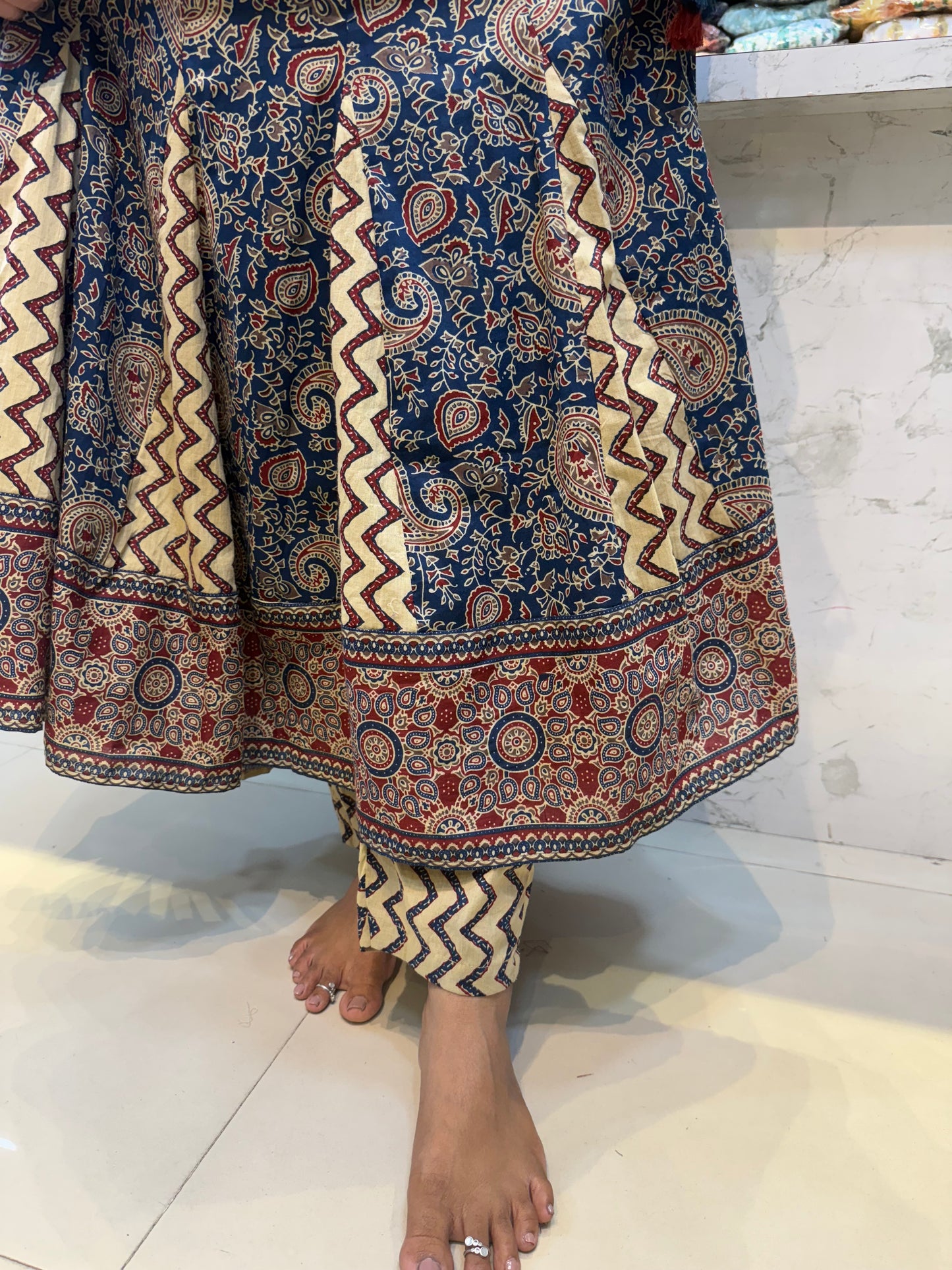 Blue and Marron Anarkali Cotton Salwar Set