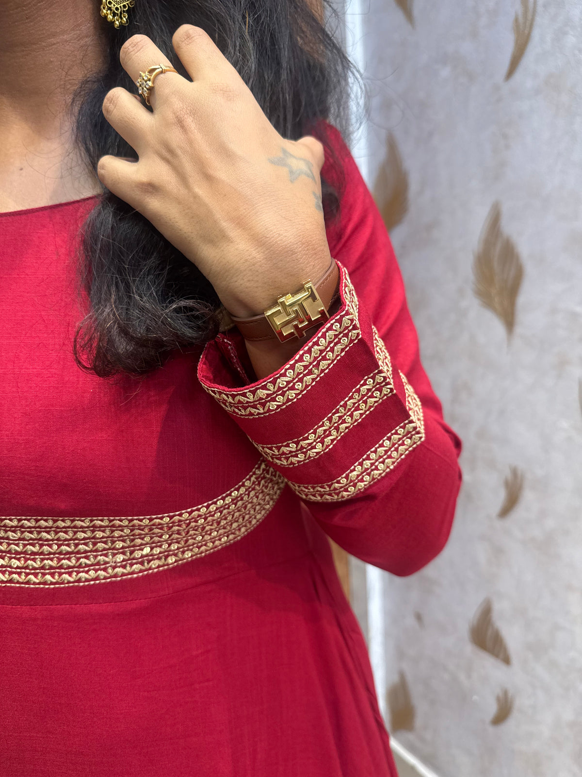 Free Earrings Red Anarkali Soft Rayon With Pant and Dupatta - HSC1201