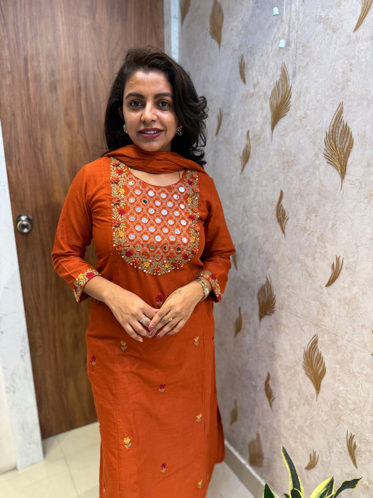 Rust Pure Cotton Embroidered Kurti with Pant and Dupatta -HSC1310