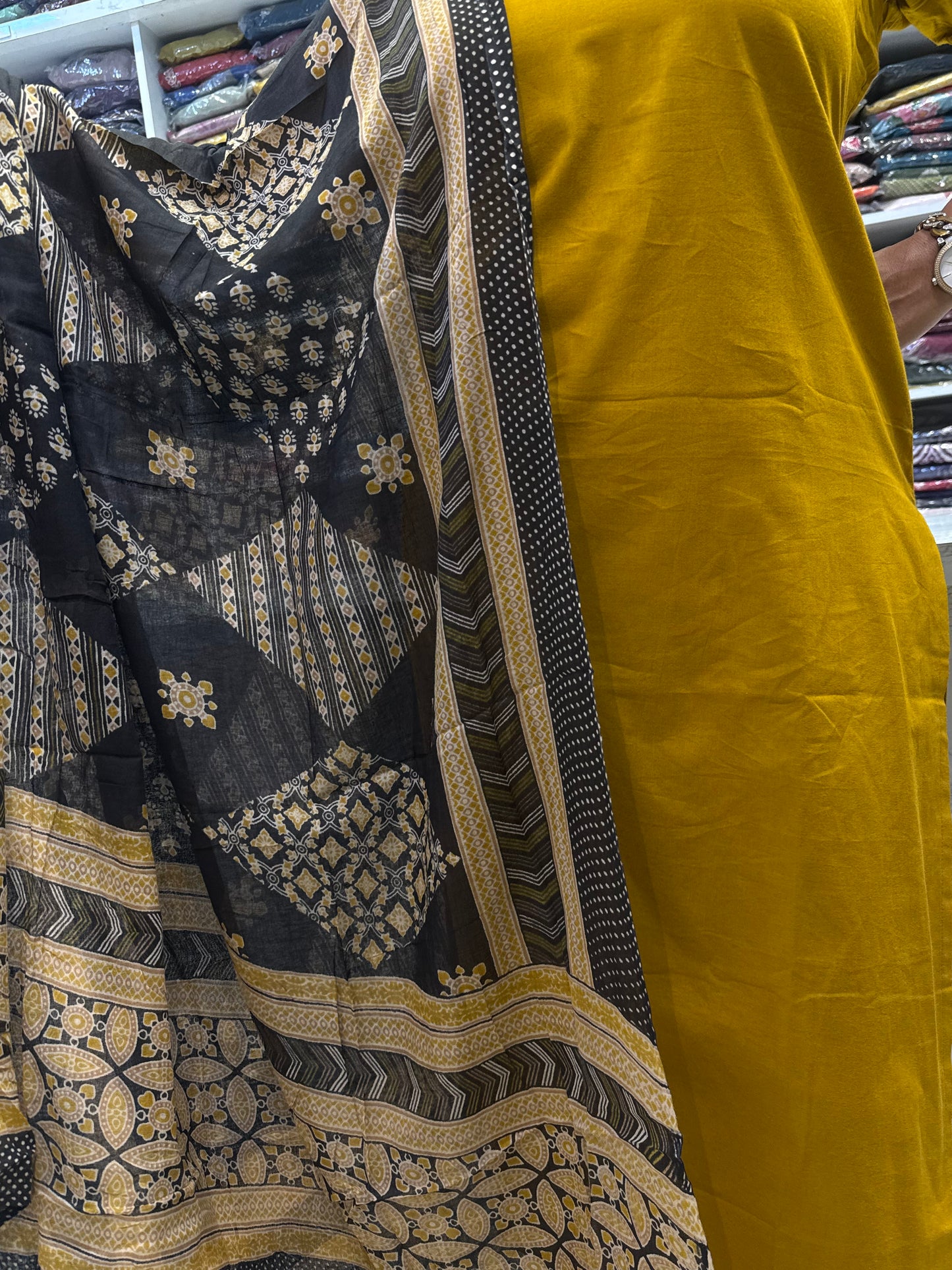 Mustard Pure Cotton Hand Embroidery Printed Black Dupatta
