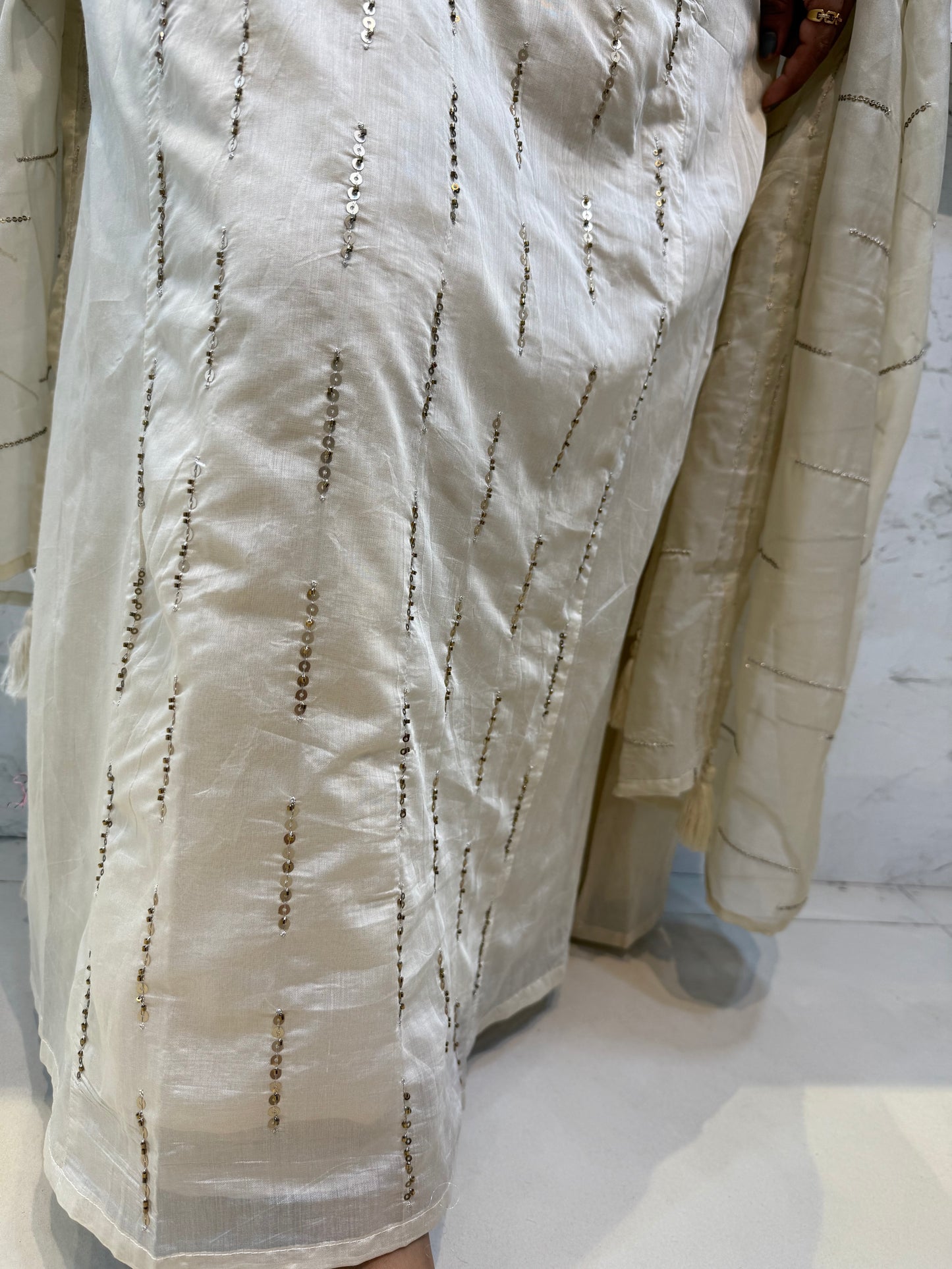 Beige Colour Long Gown with Pant And Dupatta