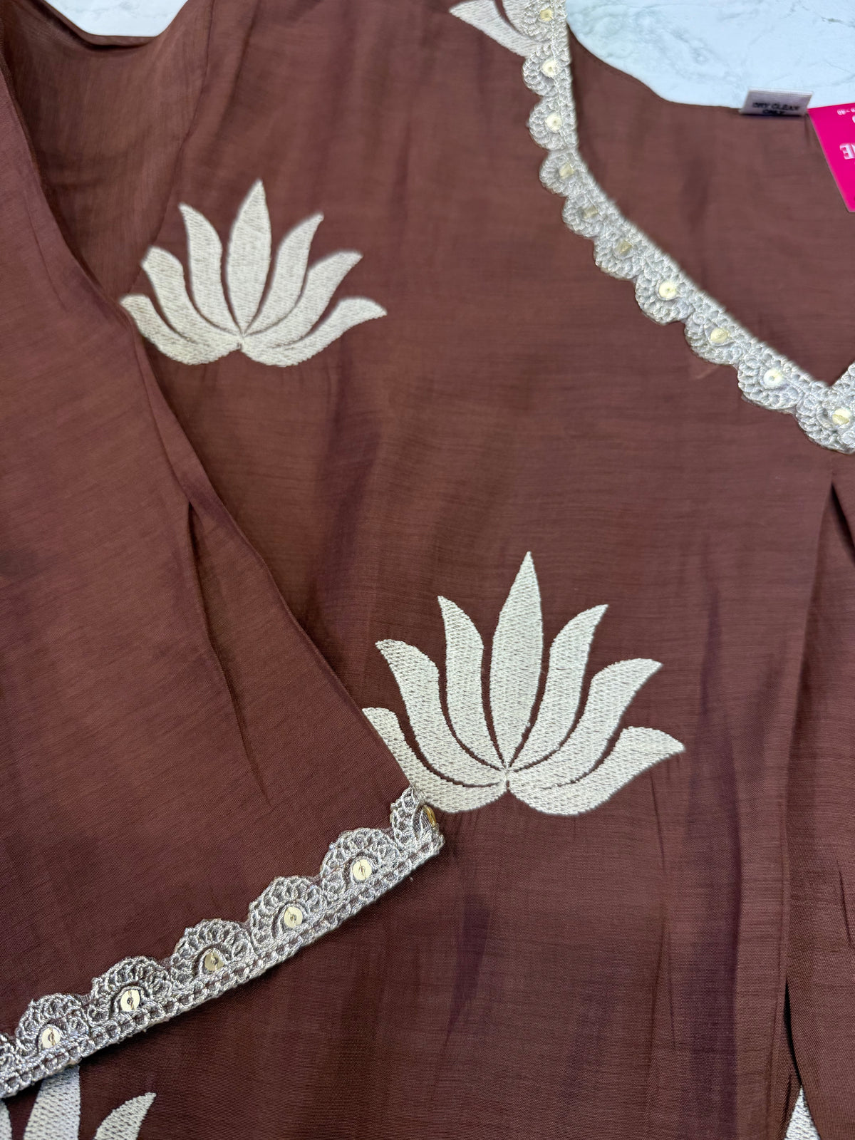 Lotus Brown Embroidery A-line Kurti With Pant and Scallop Cutwork Dupatta - HSC1190