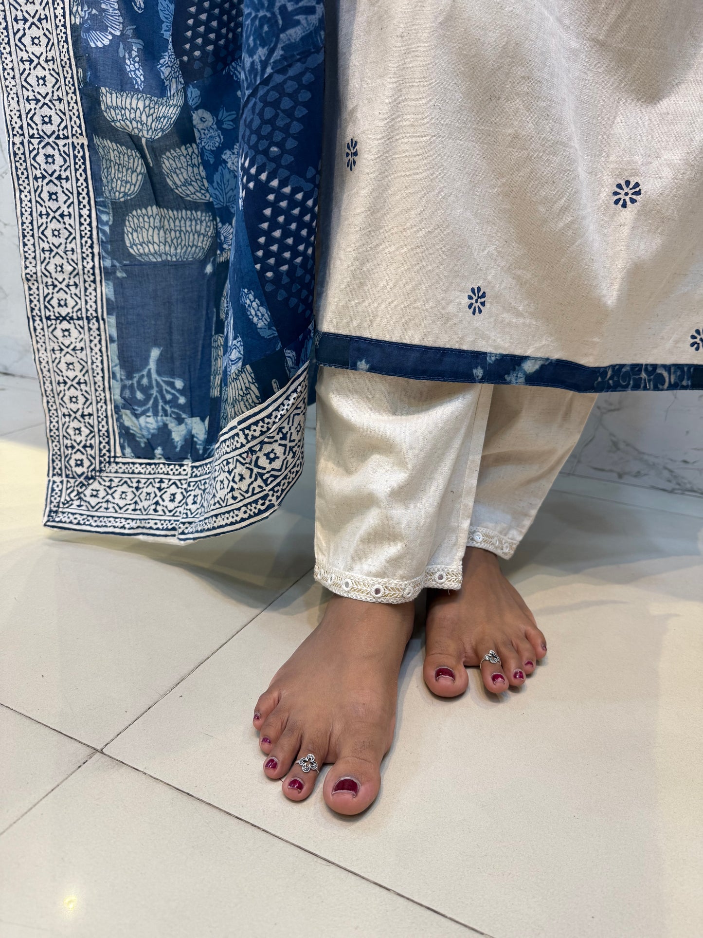 Half White Cotton Flex Kurti With Pant and Dupatta