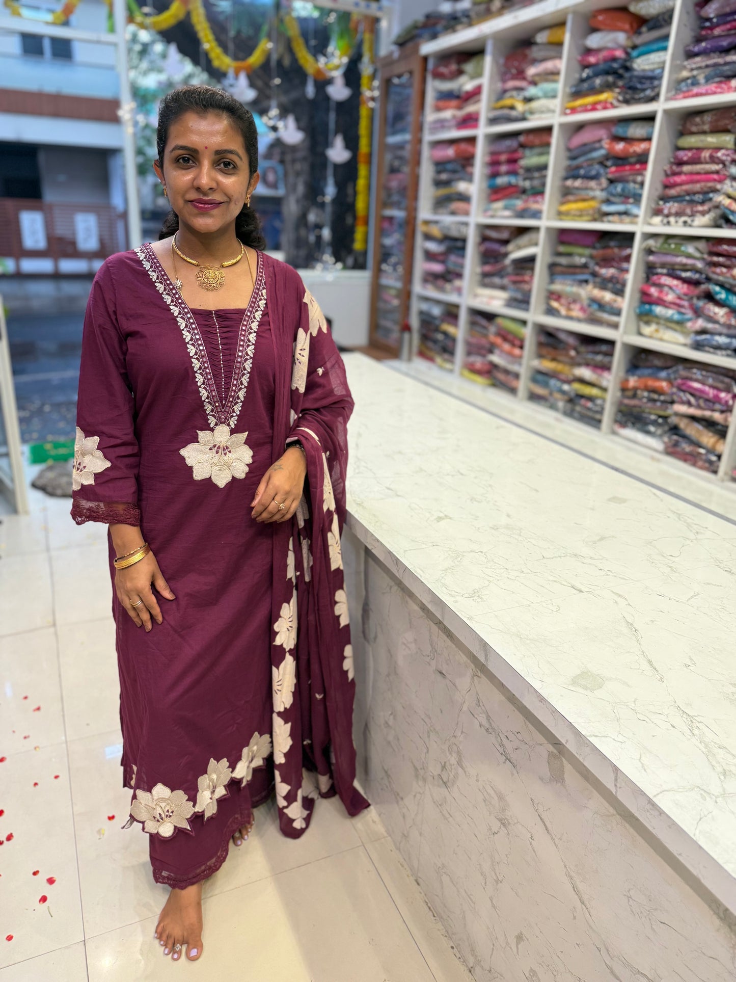 Scallop Cut Work Cotton Kurti With Pant and Dupatta