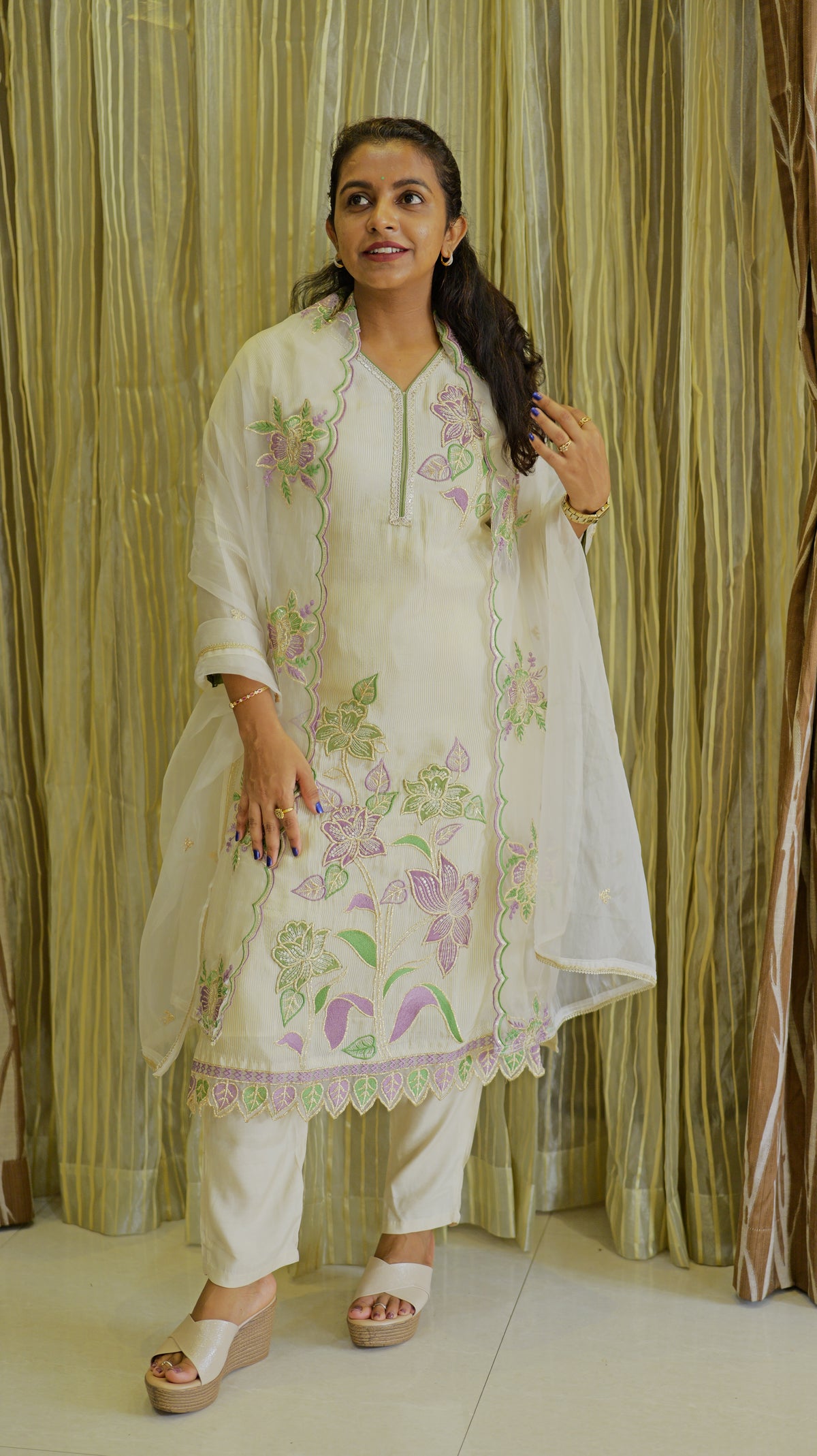 White Tissue Silk Kurti With Pant and Dupatta -HSC1245