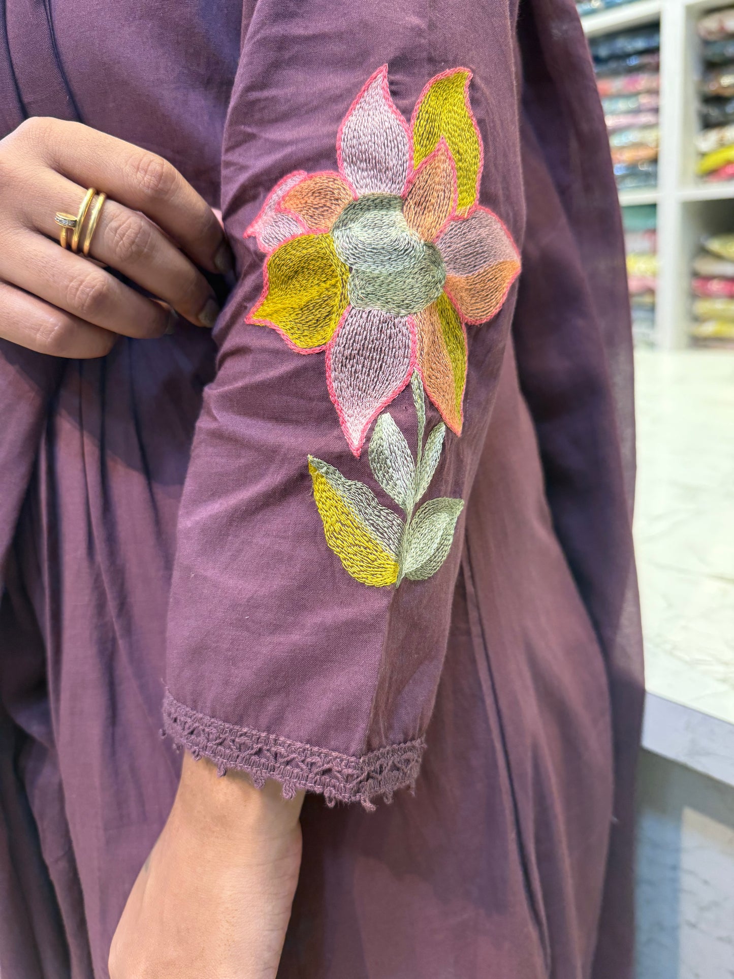 Mul Cotton Embroidery A-line Kurti With Pant And Dupatta