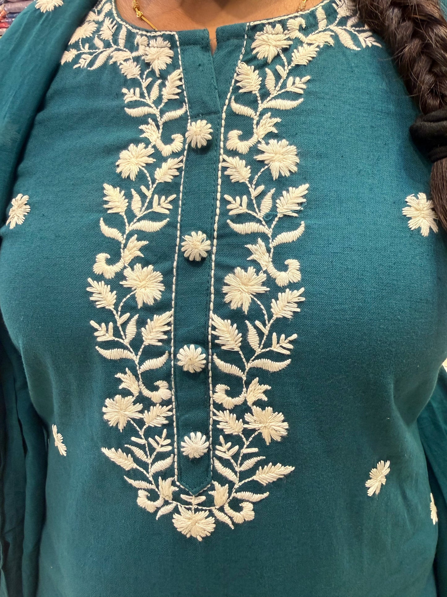 Rama Green Cotton Flex Embroidery Kurti With Pant and Dupatta-HSC141