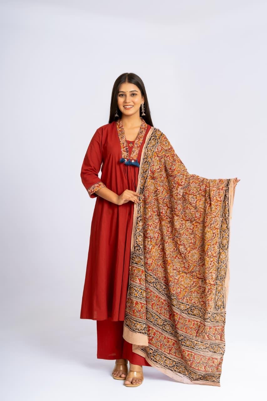 Kalamkari Pure Cotton A-line Kurti with Pant and Dupatta