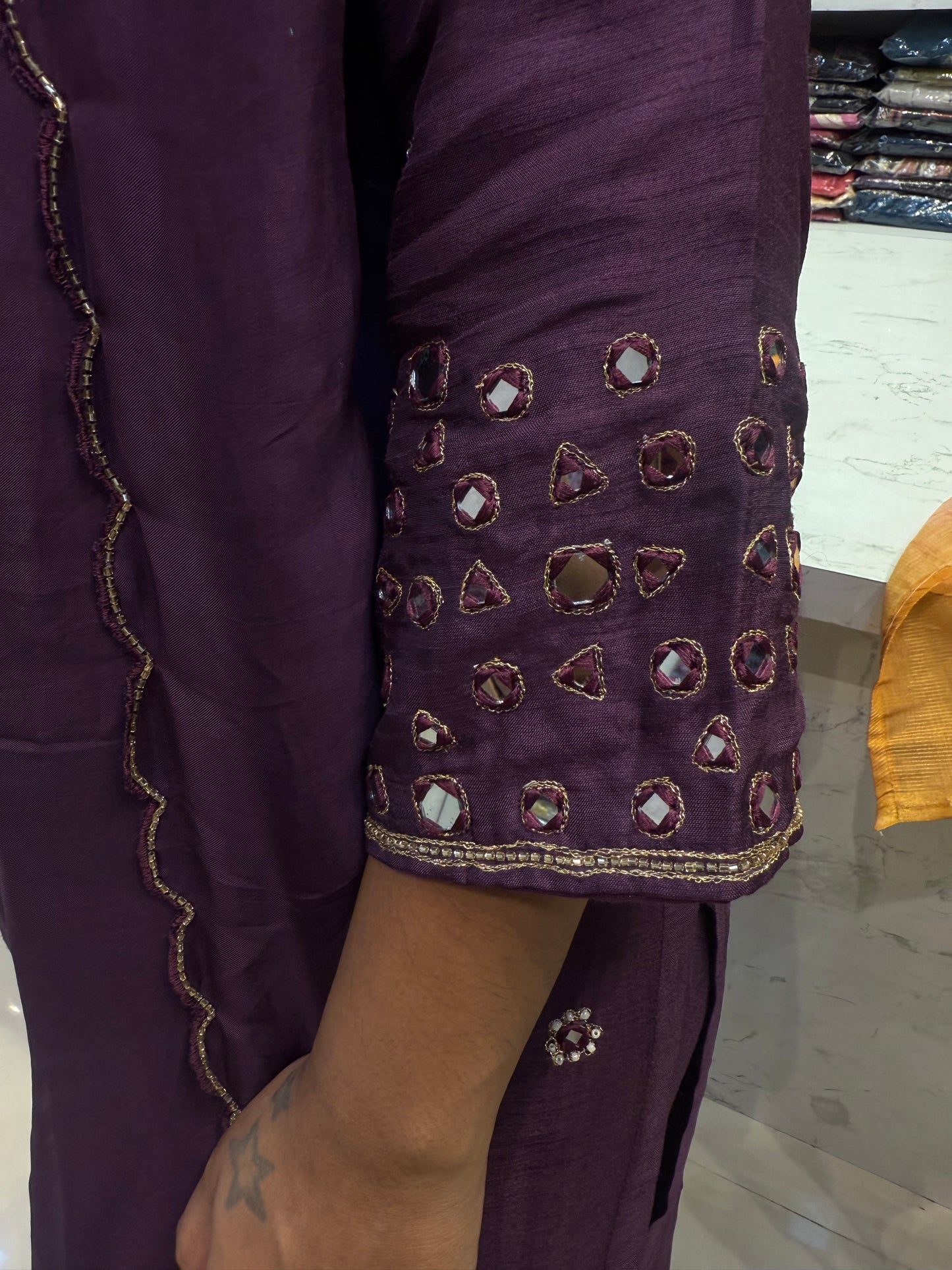 Wine Mirror Hand Work Party Wear Kurti with scallop dupatta