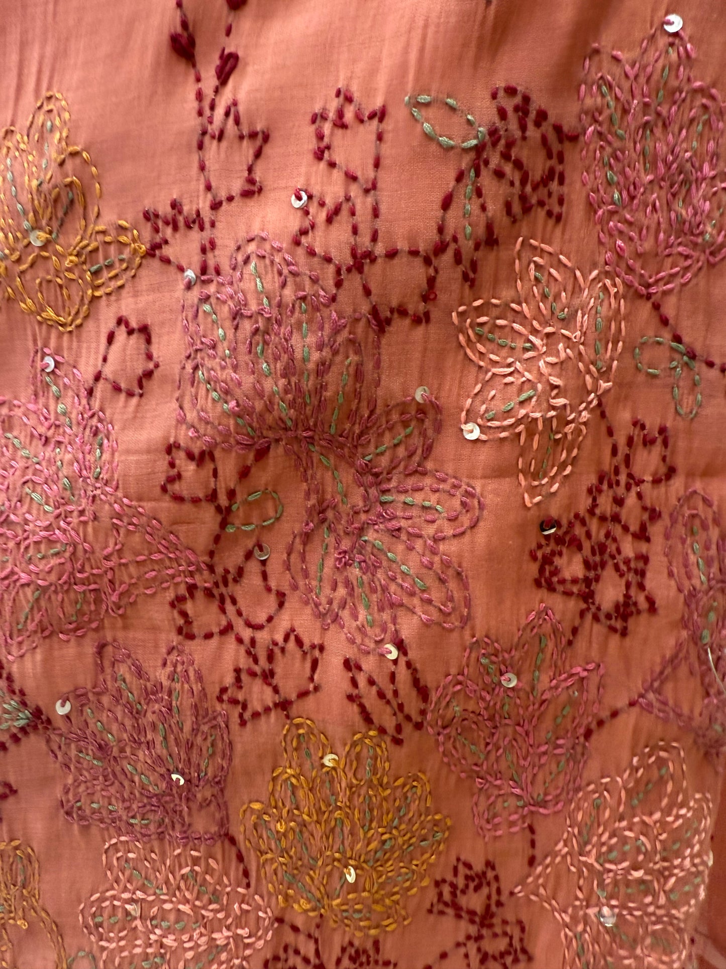 Peach Orange Mul Chanderi Thread Embroidery Kurti with Pant and Dupatta